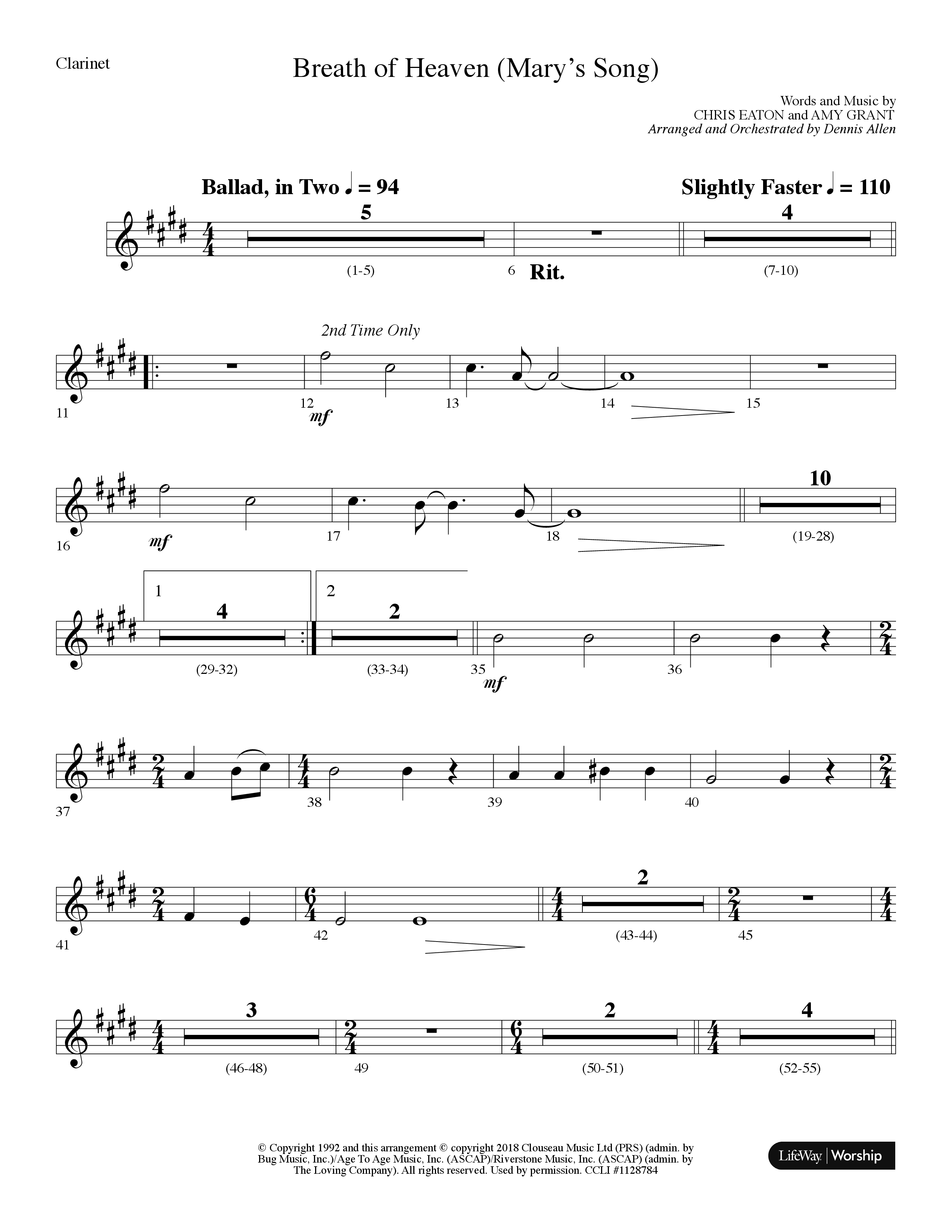 Breath Of Heaven (Mary's Song) (Choral Anthem SATB) Clarinet (Lifeway Choral / Arr. Dennis Allen)