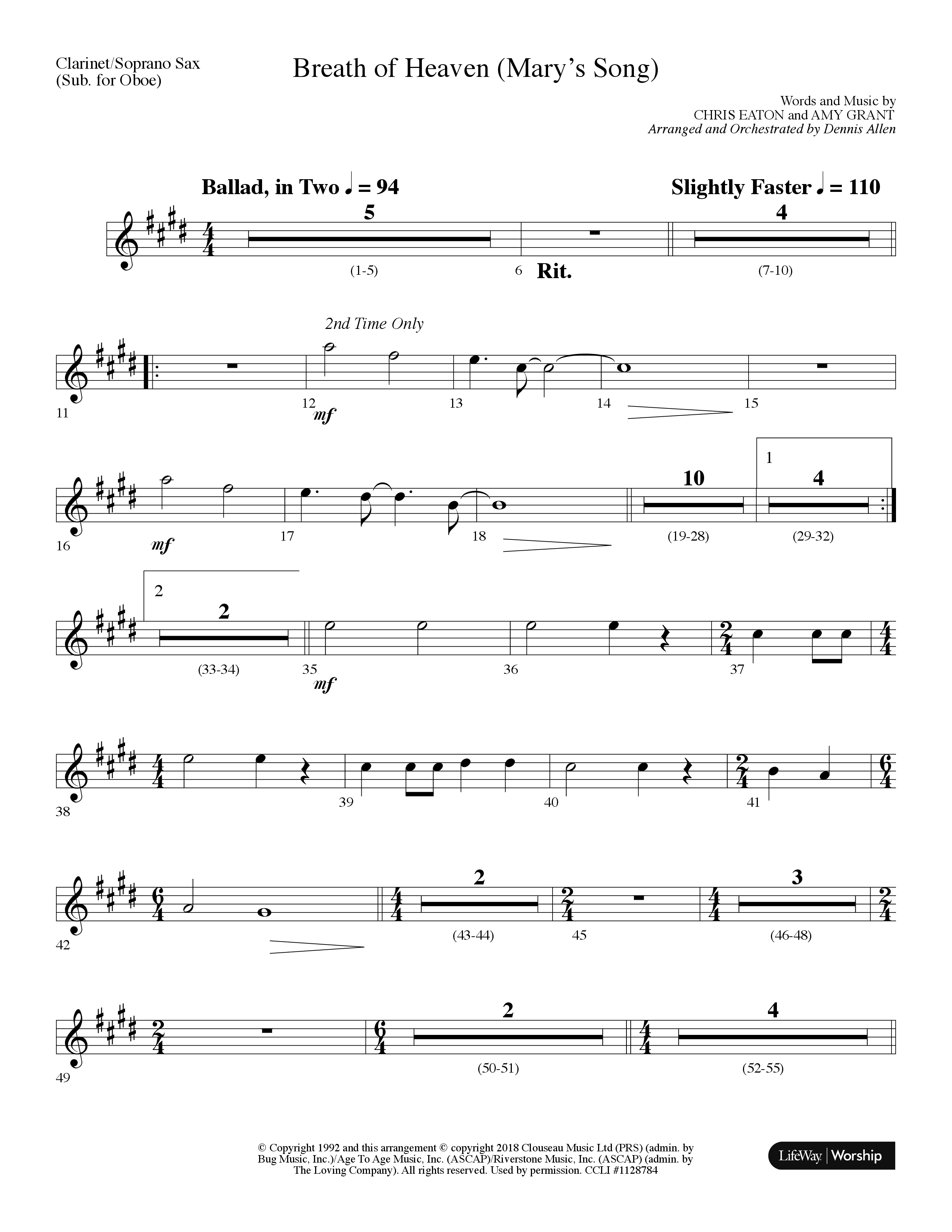 Breath Of Heaven (Mary's Song) (Choral Anthem SATB) Clarinet/Soprano Sax (Lifeway Choral / Arr. Dennis Allen)