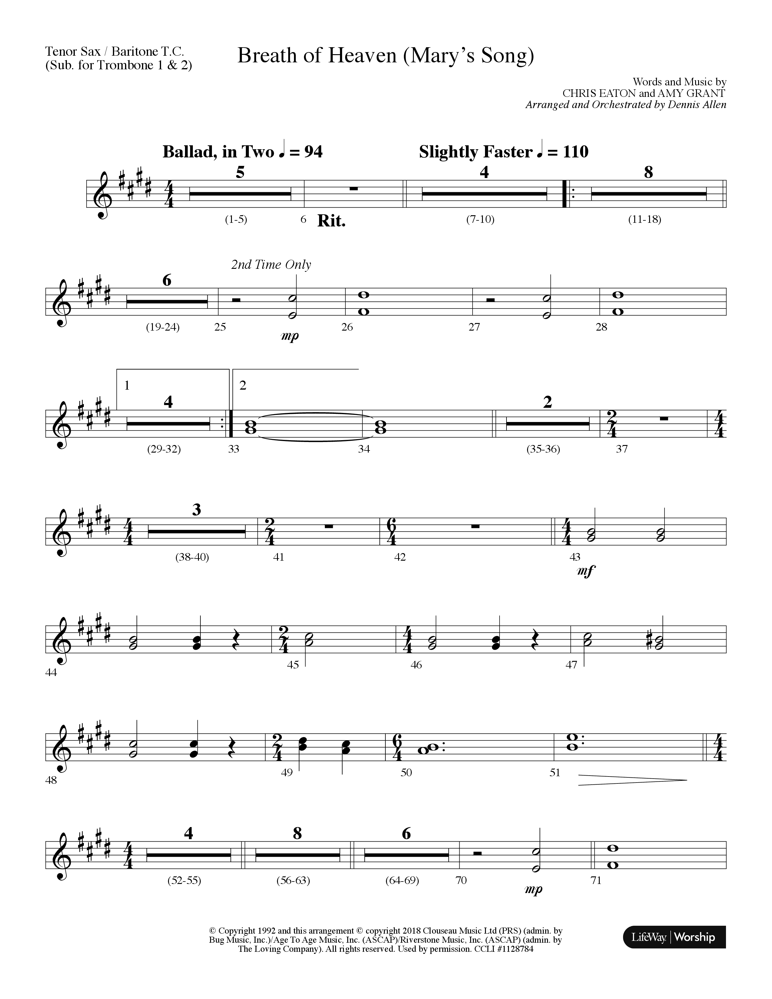 Breath Of Heaven (Mary's Song) (Choral Anthem SATB) Tenor Sax/Baritone T.C. (Lifeway Choral / Arr. Dennis Allen)