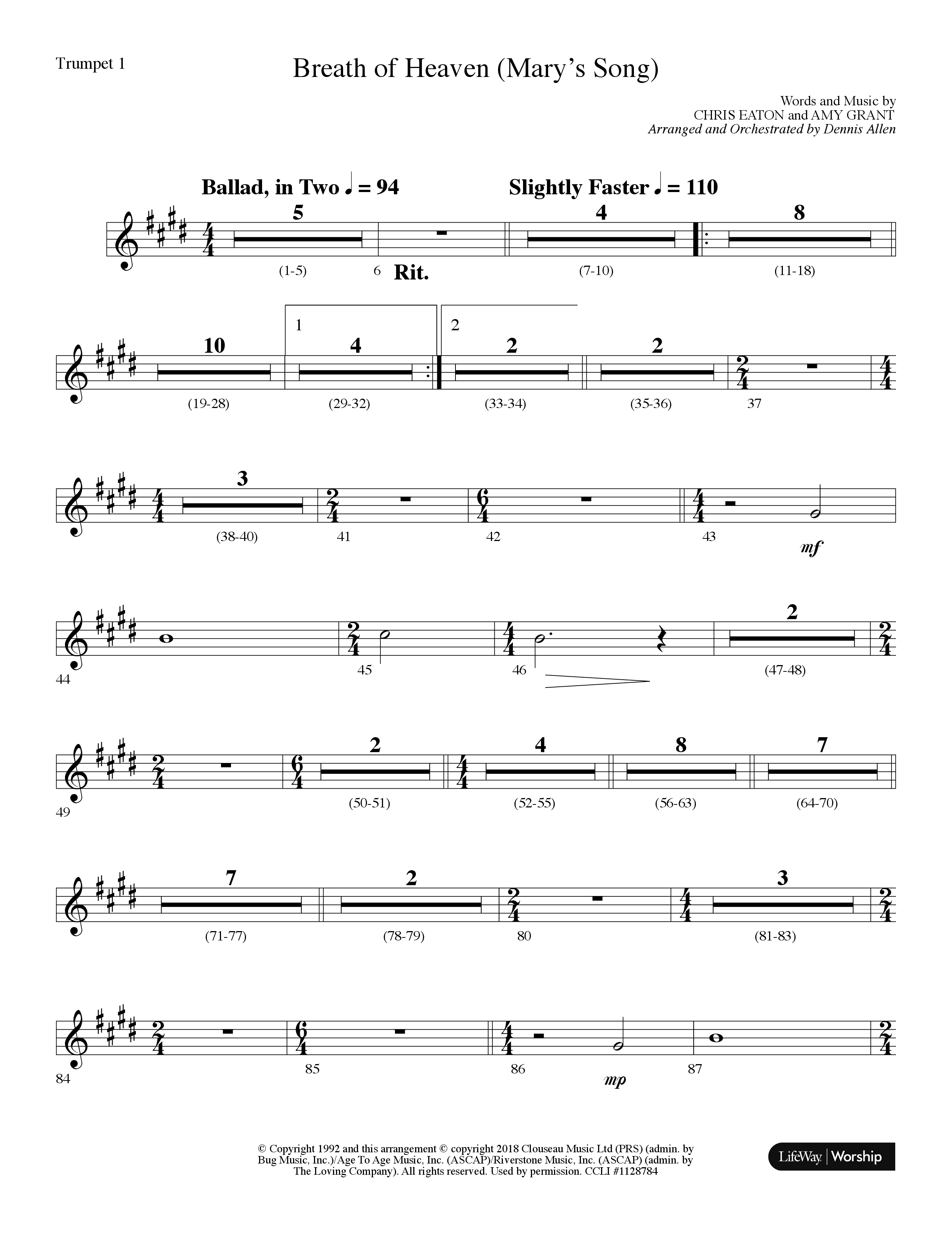 Breath Of Heaven (Mary's Song) (Choral Anthem SATB) Trumpet 1 (Lifeway Choral / Arr. Dennis Allen)