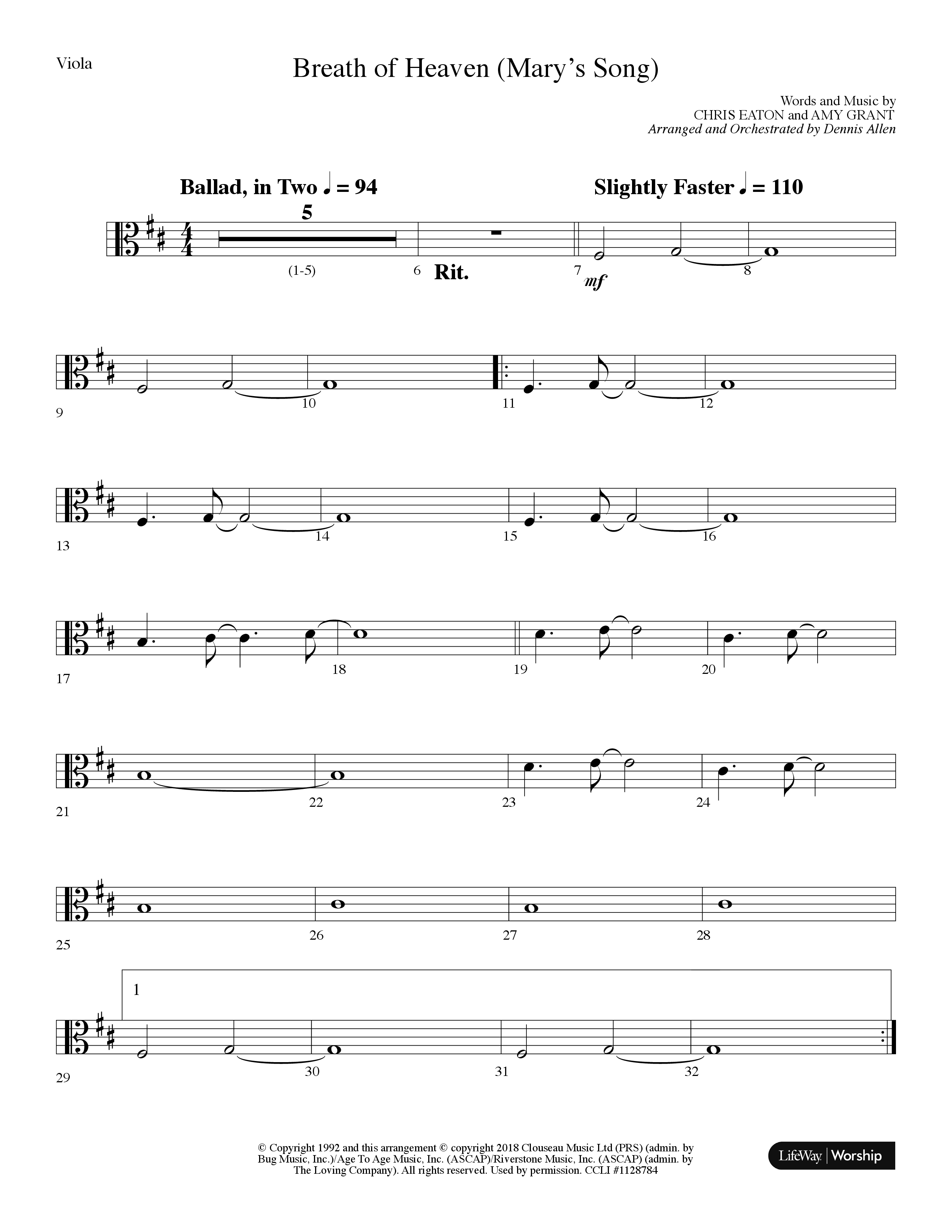 Breath Of Heaven (Mary's Song) (Choral Anthem SATB) Viola (Lifeway Choral / Arr. Dennis Allen)