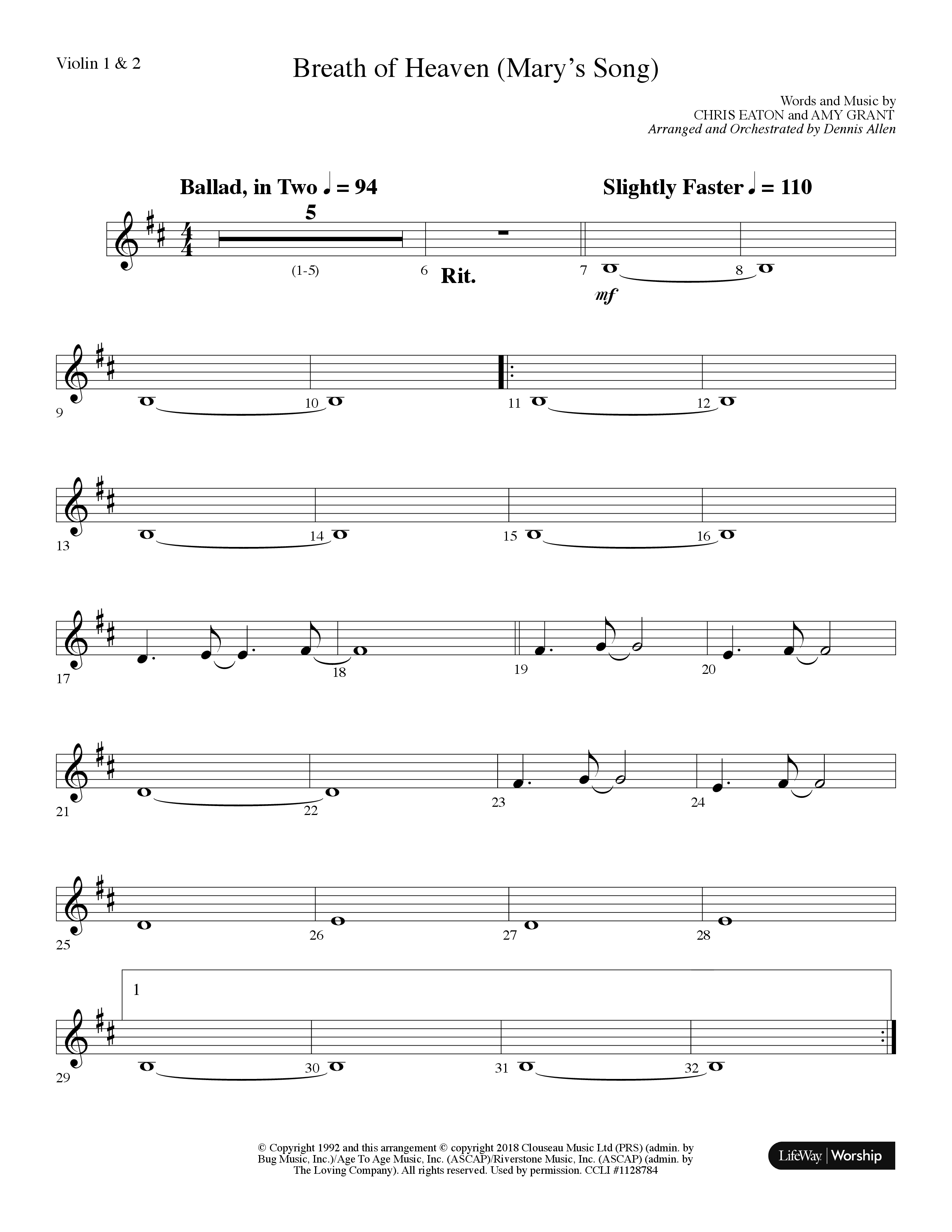 Breath Of Heaven (Mary's Song) (Choral Anthem SATB) Violin 1/2 (Lifeway Choral / Arr. Dennis Allen)