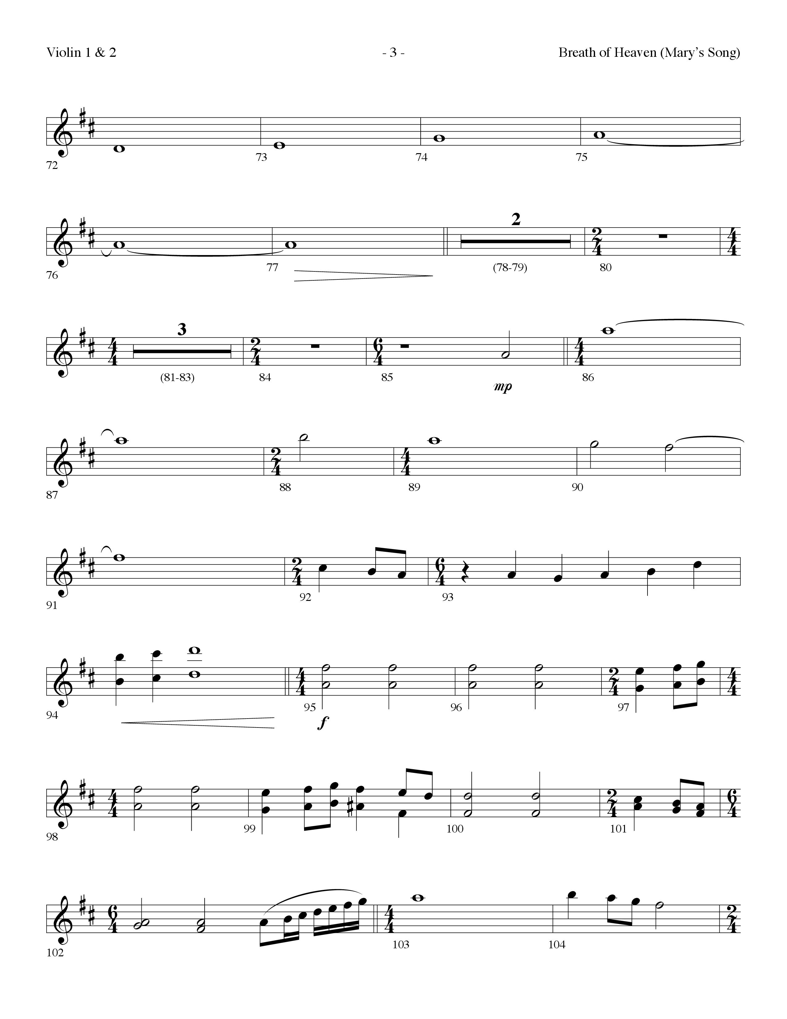 Breath Of Heaven (Mary's Song) (Choral Anthem SATB) Violin 1/2 (Lifeway Choral / Arr. Dennis Allen)