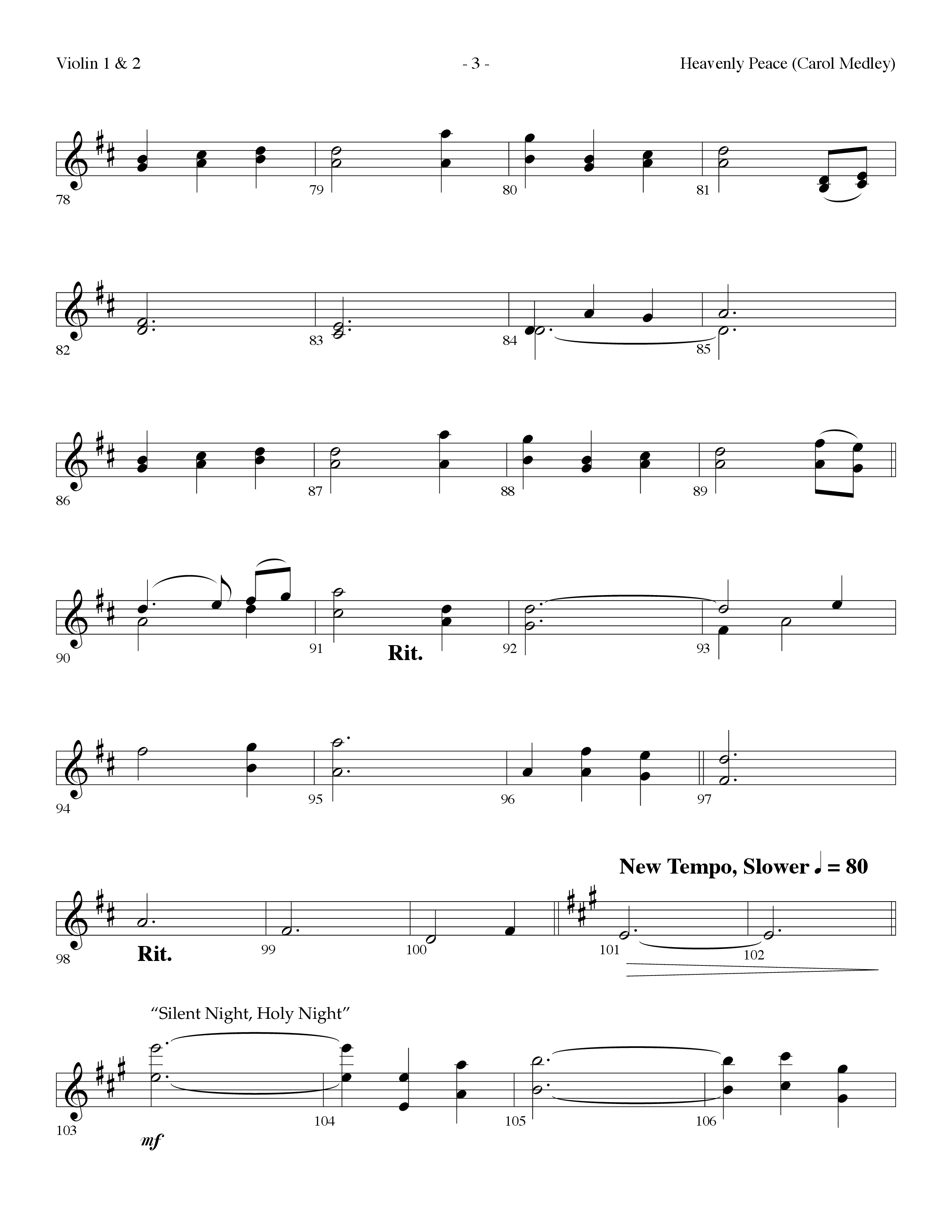 Heavenly Peace (Carol Medley) (Choral Anthem SATB) Violin 1/2 (Lifeway Choral / Arr. Dennis Allen)