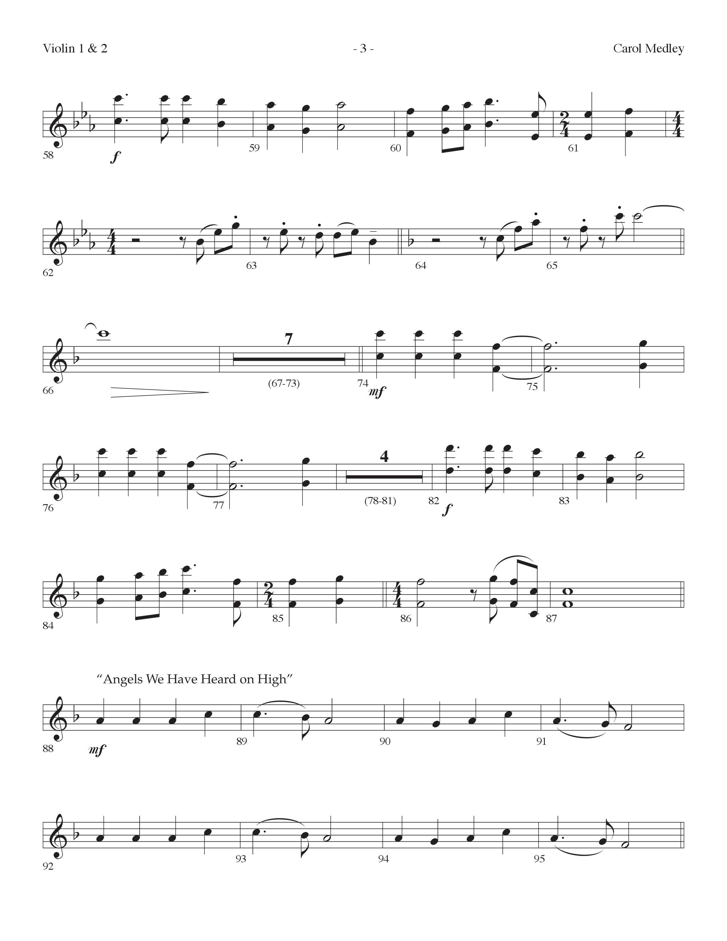 Carol Medley (Choral Anthem SATB) Violin 1/2 (Lifeway Choral / Arr. Dennis Allen)