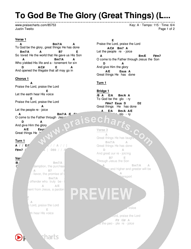 To God Be The Glory (Great Things) (Live) Chords & Lyrics (Justin Tweito)