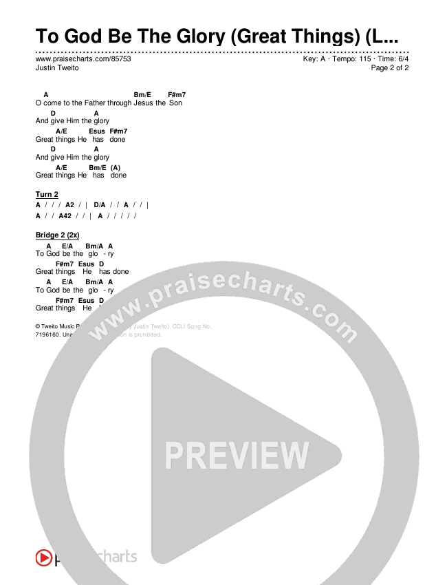 To God Be The Glory (Great Things) (Live) Chords & Lyrics (Justin Tweito)