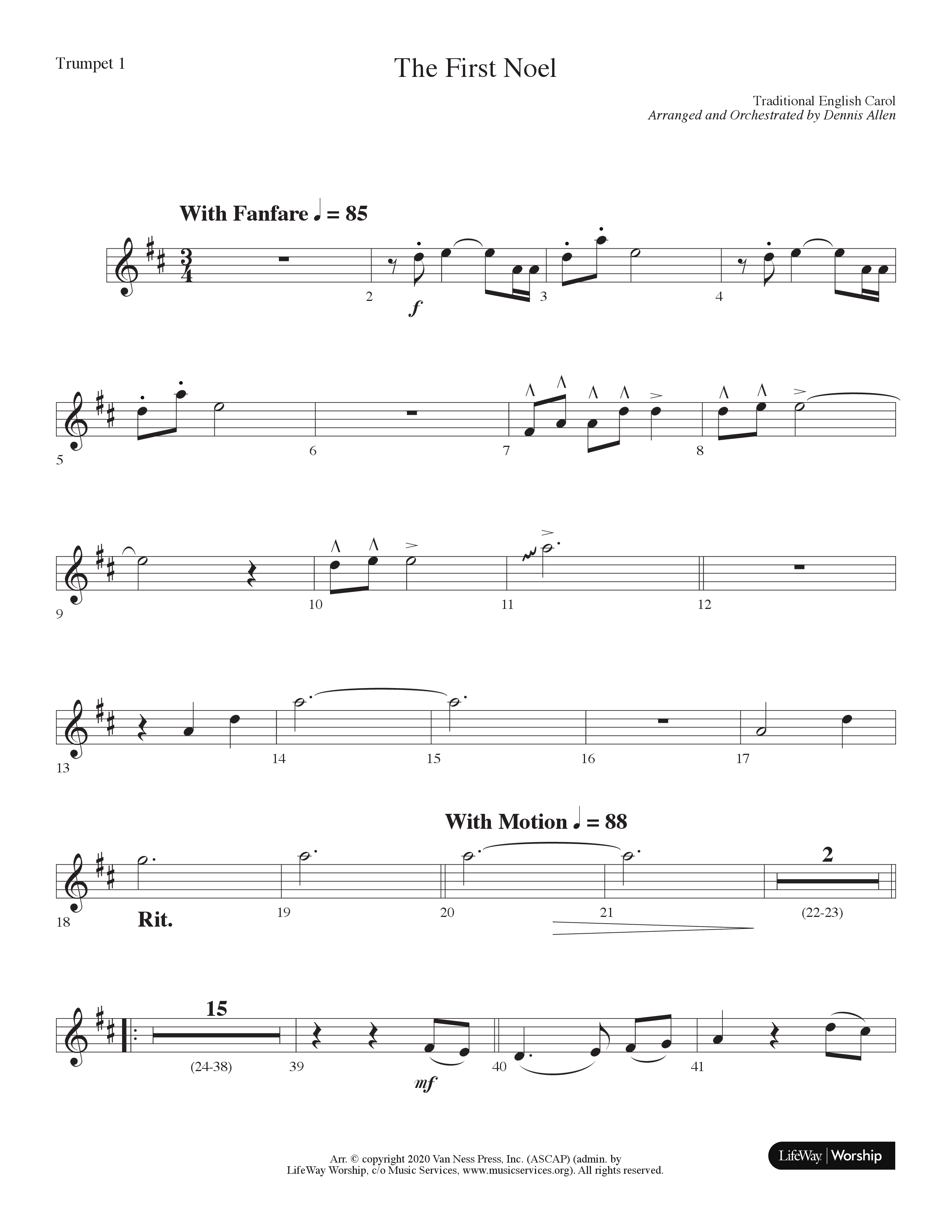 The First Noel (Choral Anthem SATB) Trumpet 1 (Lifeway Choral / Arr. Dennis Allen)