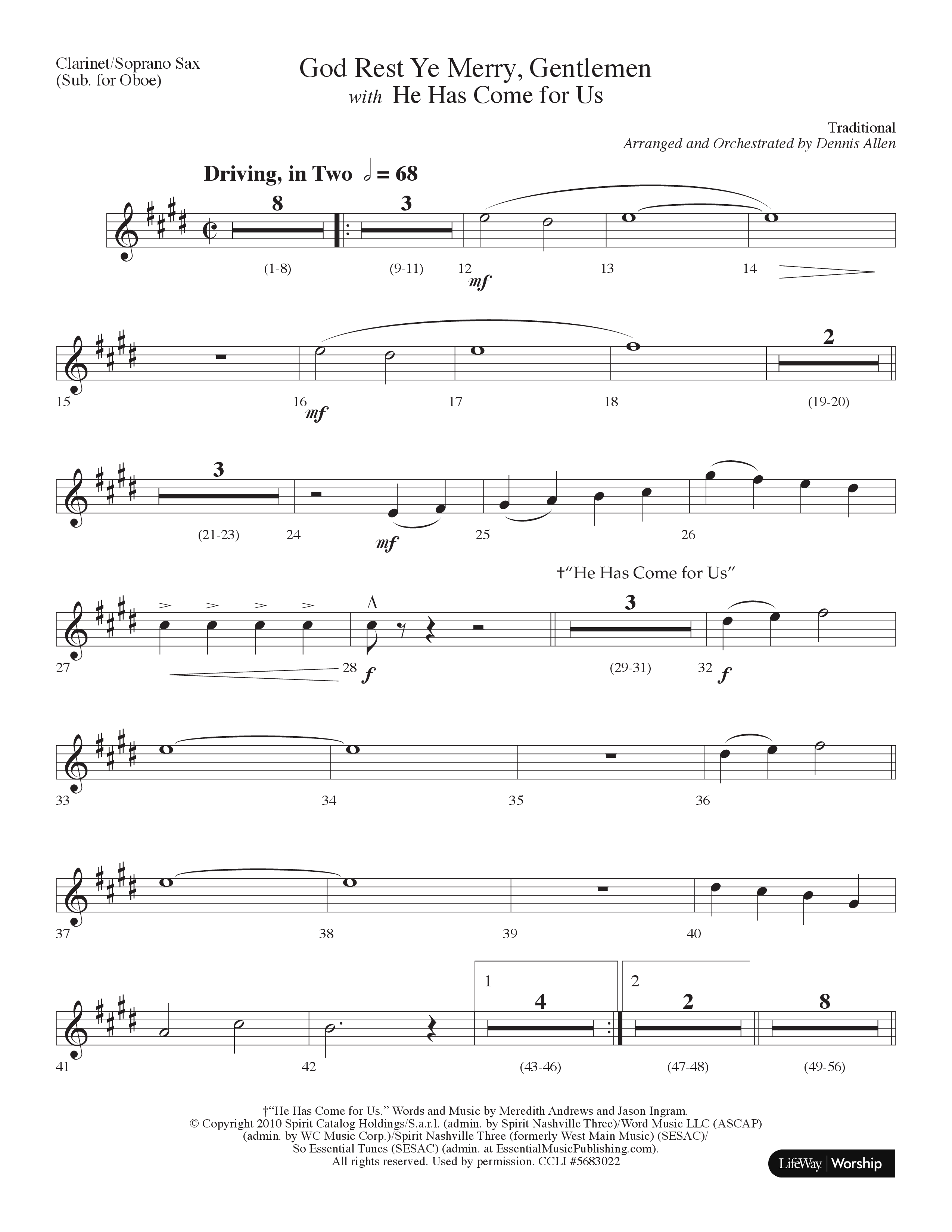 God Rest Ye Merry Gentlemen (with He Has Come For Us) (Choral Anthem SATB) Clarinet/Soprano Sax (Lifeway Choral / Arr. Dennis Allen)