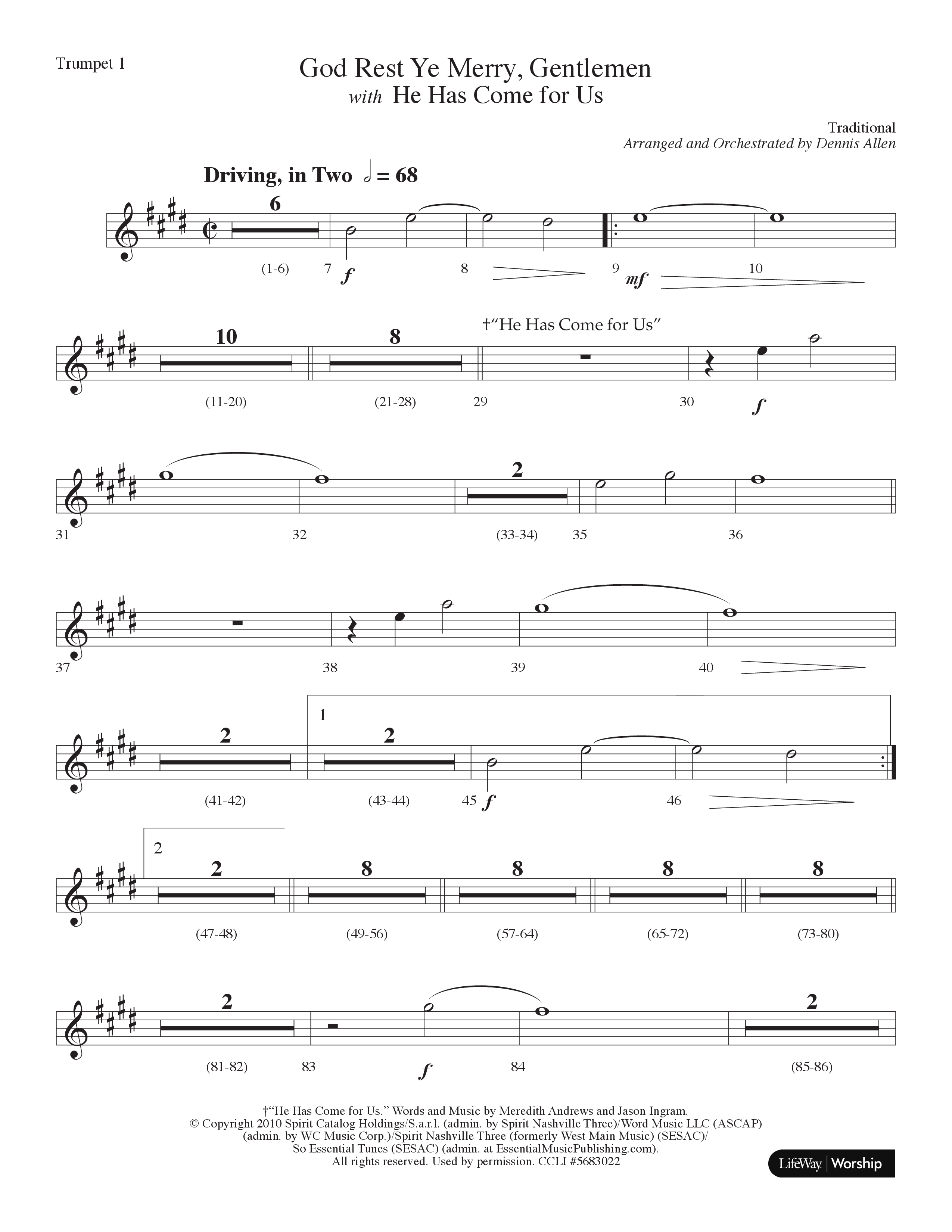 God Rest Ye Merry Gentlemen (with He Has Come For Us) (Choral Anthem SATB) Trumpet 1 (Lifeway Choral / Arr. Dennis Allen)