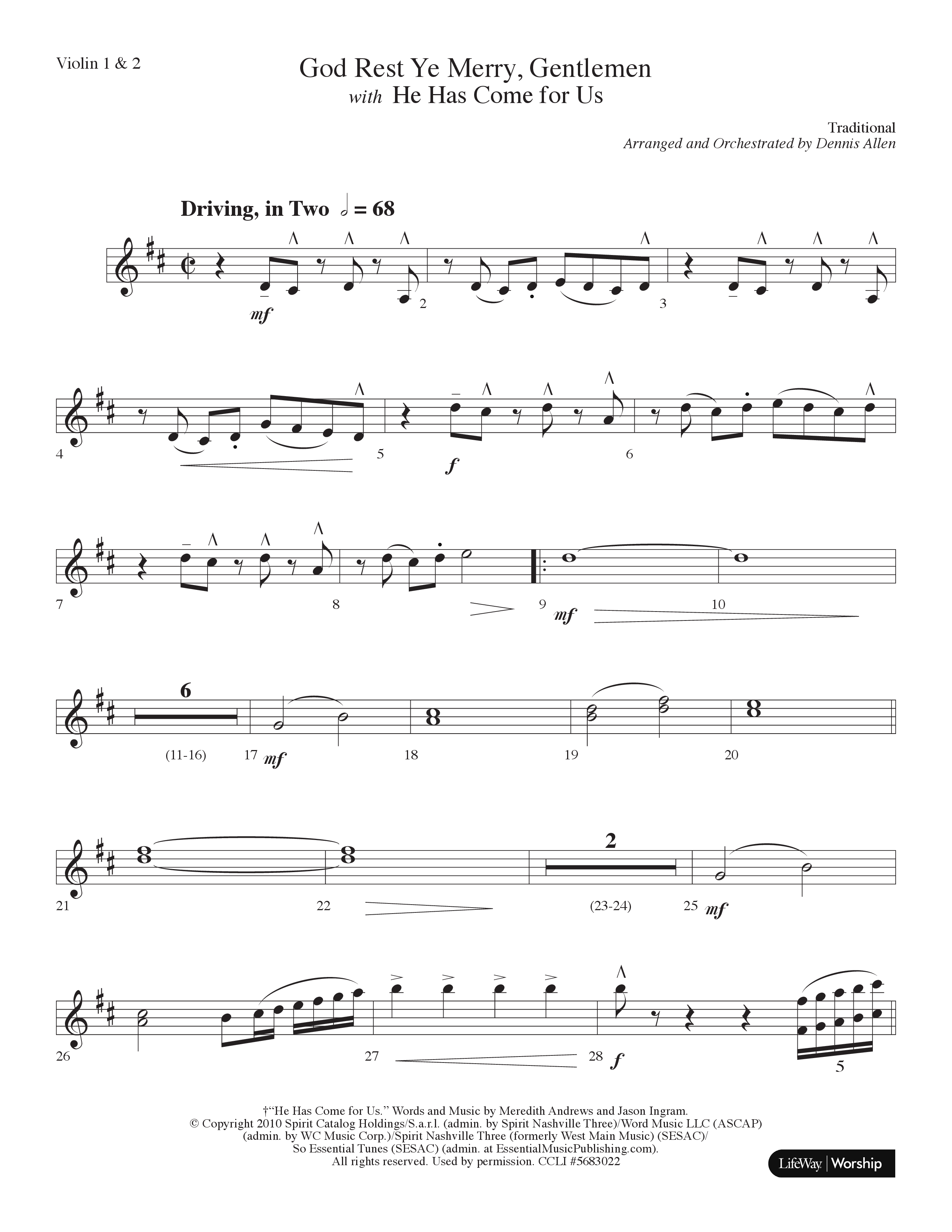God Rest Ye Merry Gentlemen (with He Has Come For Us) (Choral Anthem SATB) Violin 1/2 (Lifeway Choral / Arr. Dennis Allen)