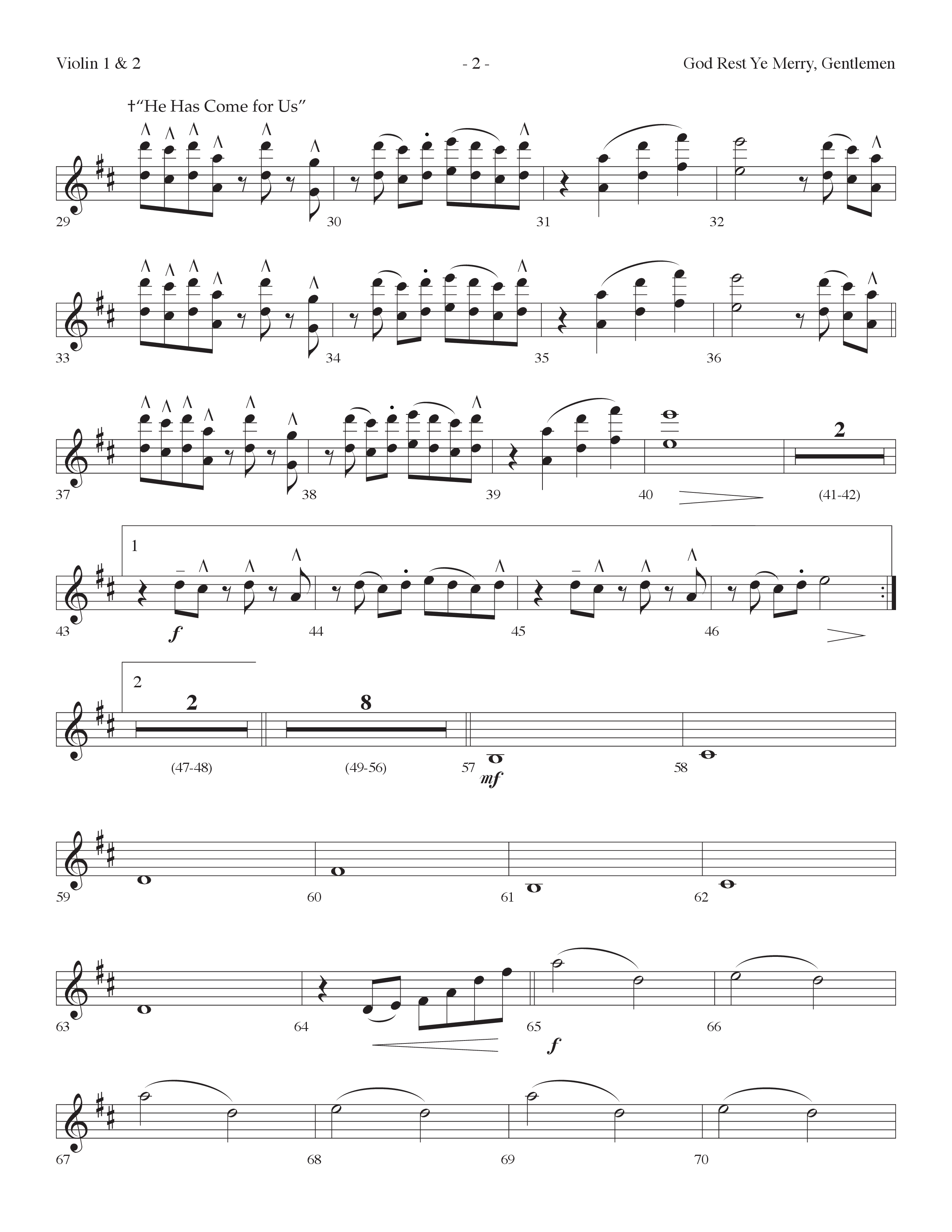 God Rest Ye Merry Gentlemen (with He Has Come For Us) (Choral Anthem SATB) Violin 1/2 (Lifeway Choral / Arr. Dennis Allen)