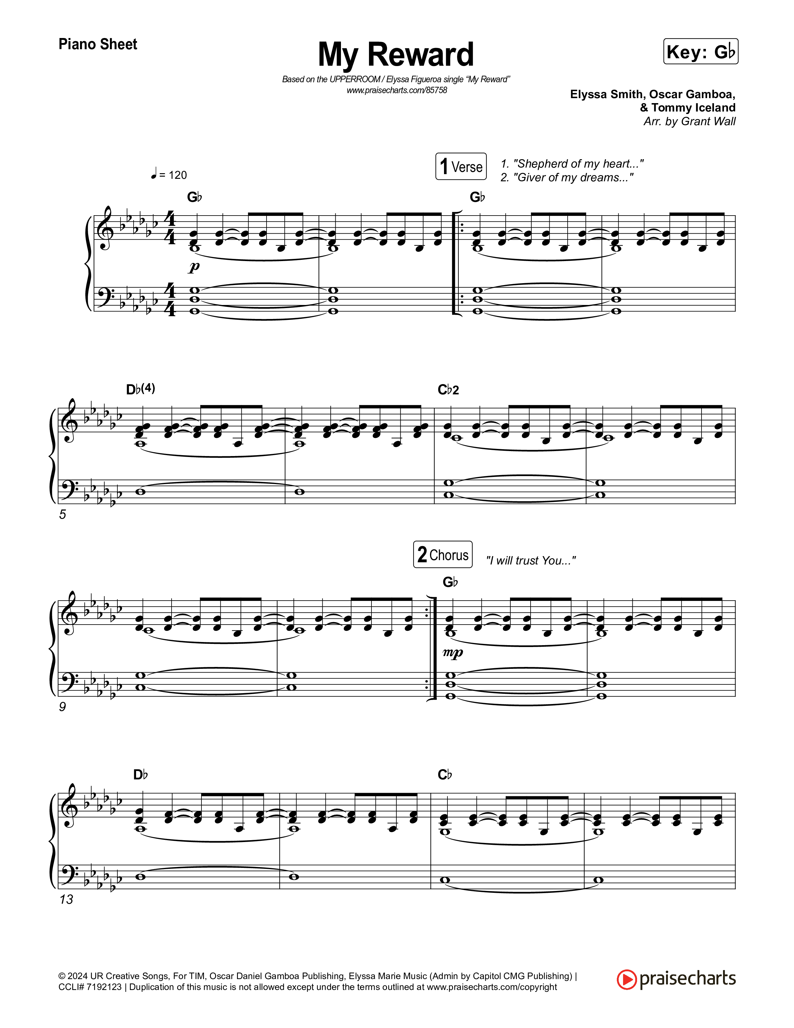 My Reward Piano Sheet (UPPERROOM / Elyssa Figueroa)