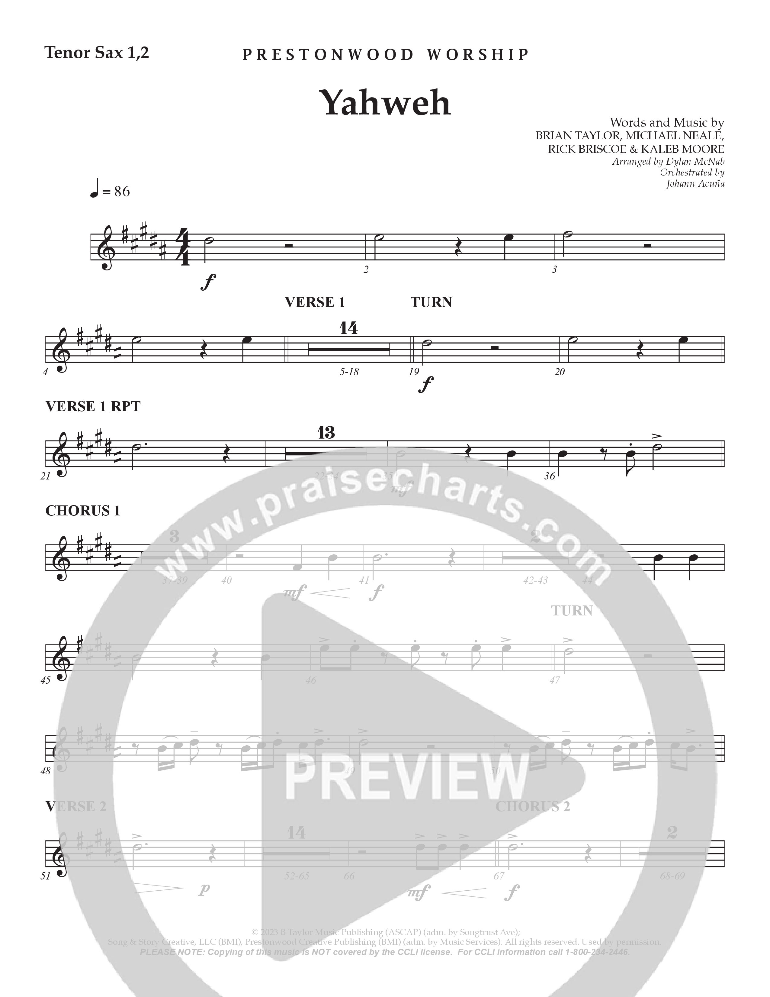 Yahweh Tenor Sax/Baritone T.C. (Prestonwood Worship / Arr. Dylan McNab / Orch. Johann Acuna)