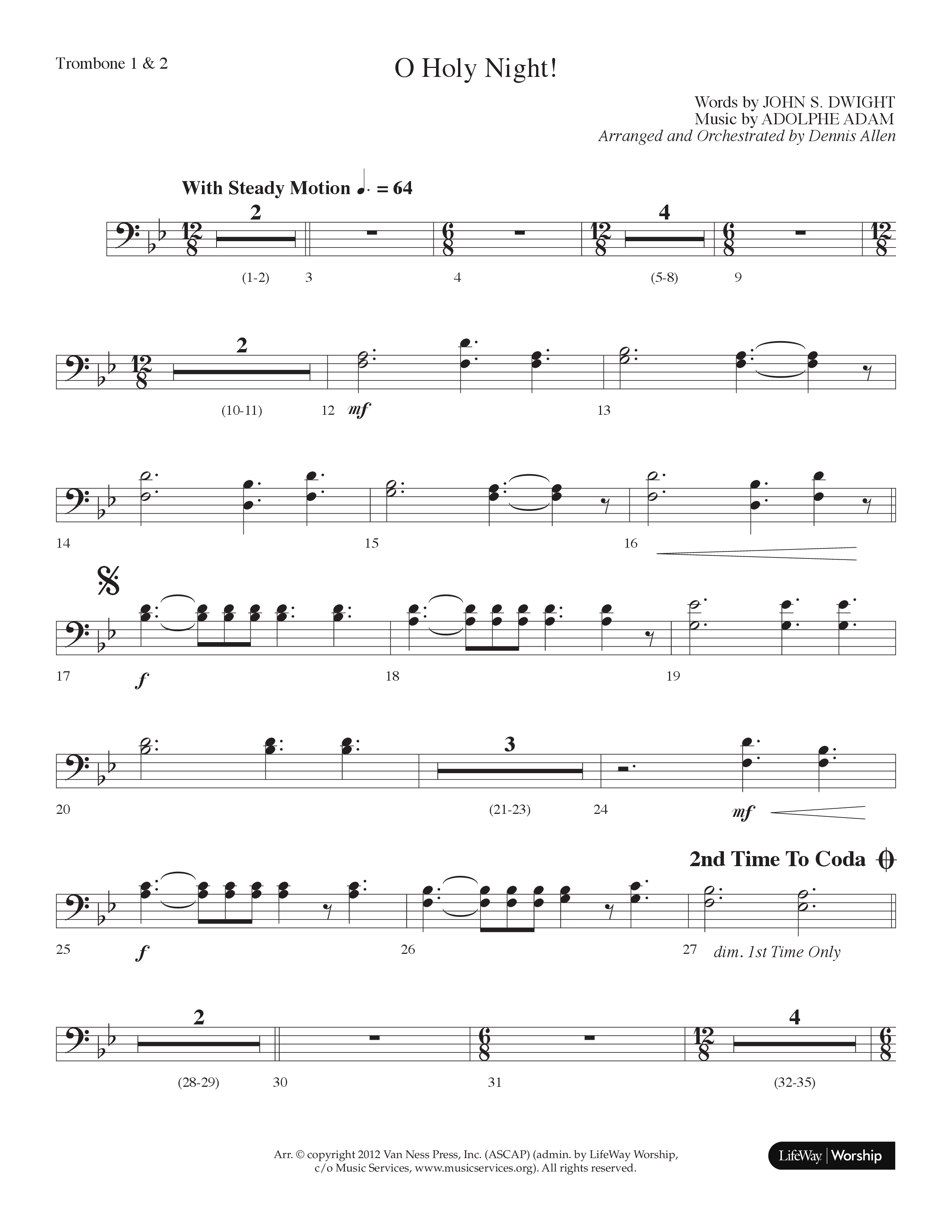 O Holy Night (Choral Anthem SATB) Trombone 1/2 (Lifeway Choral / Arr. Dennis Allen)
