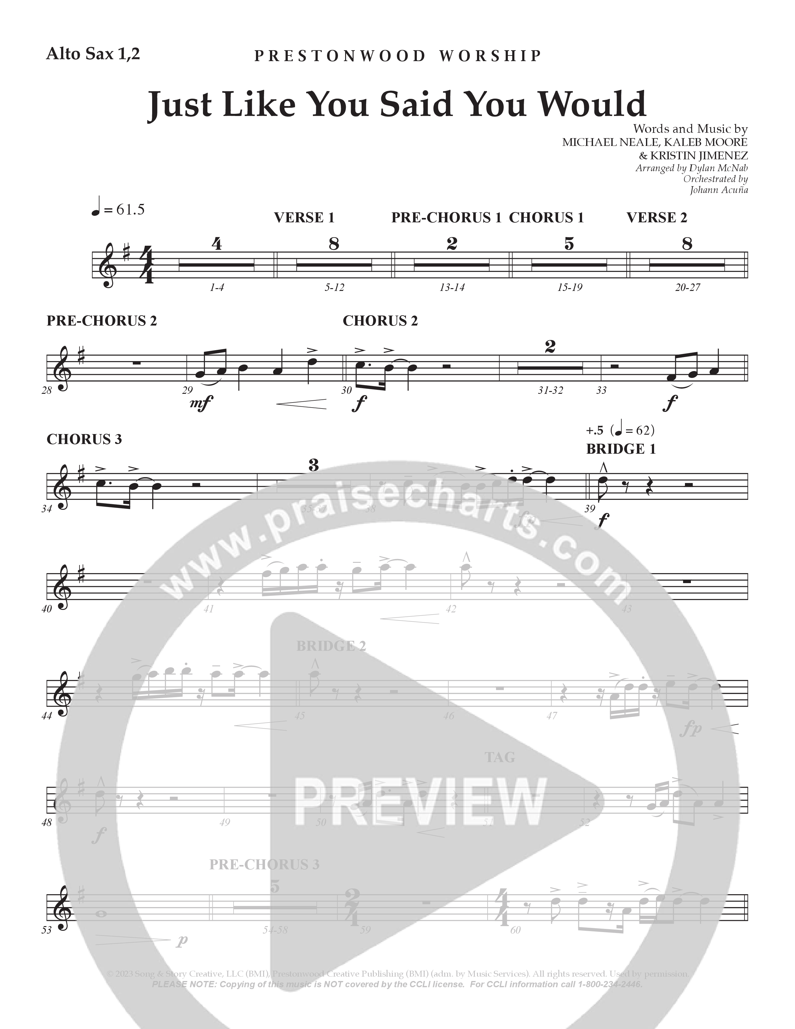 Just Like You Said You Would Alto Sax 1/2 (Prestonwood Worship / Arr. Dylan McNab / Orch. Johann Acuna)