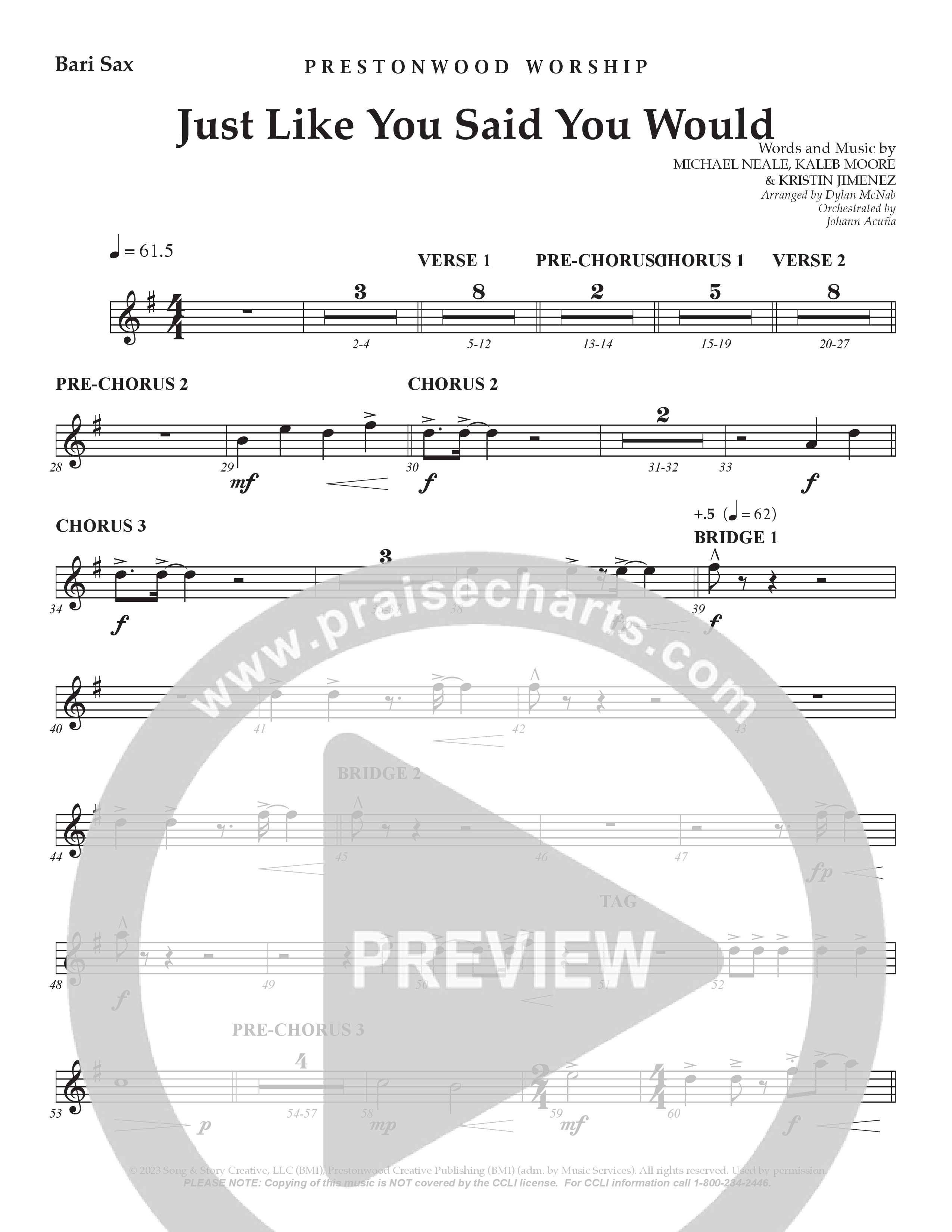 Just Like You Said You Would Bari Sax (Prestonwood Worship / Arr. Dylan McNab / Orch. Johann Acuna)