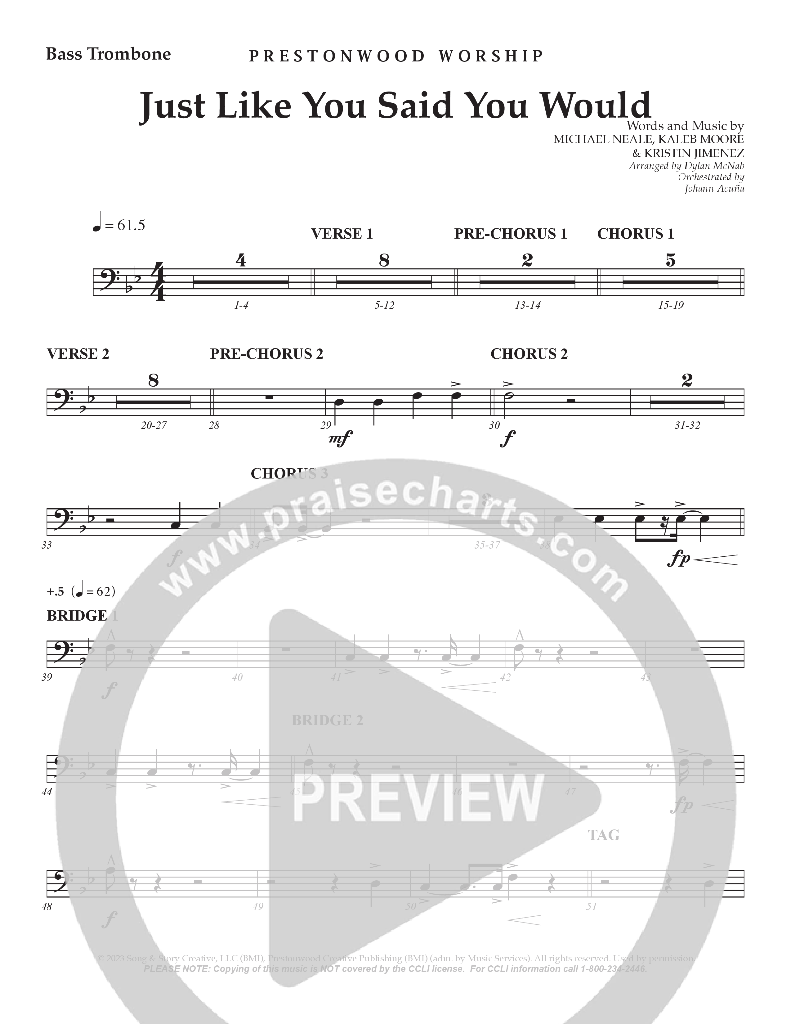 Just Like You Said You Would Bass Trombone (Prestonwood Worship / Arr. Dylan McNab / Orch. Johann Acuna)