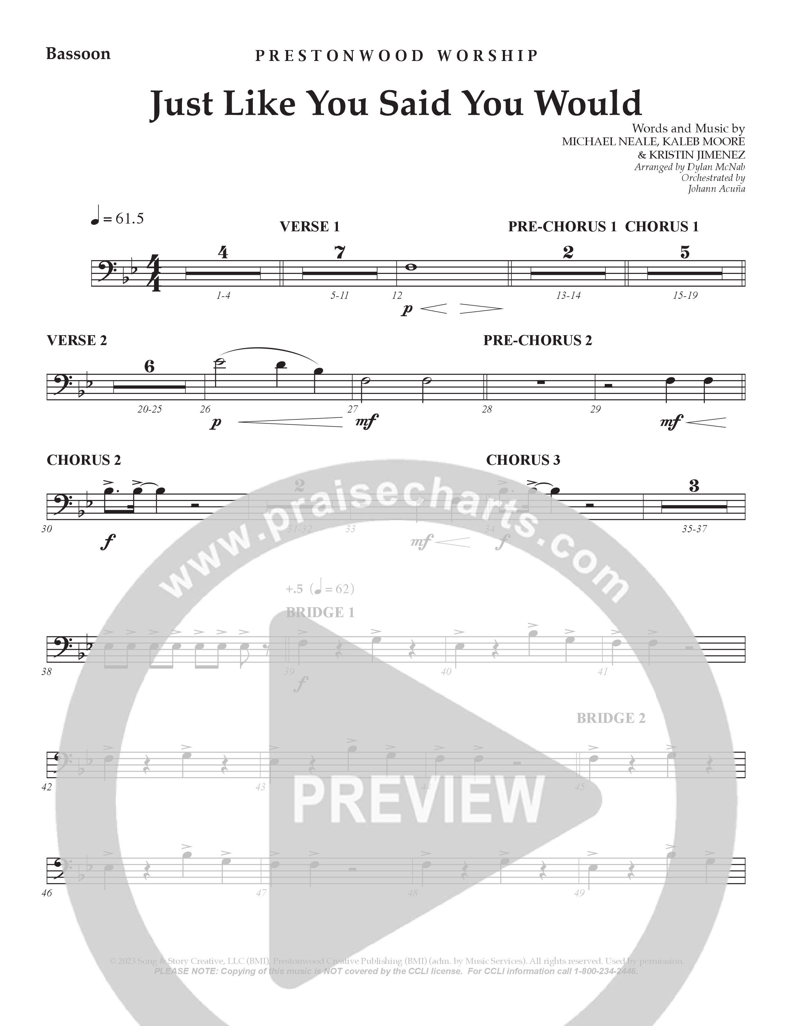Just Like You Said You Would Bassoon (Prestonwood Worship / Arr. Dylan McNab / Orch. Johann Acuna)