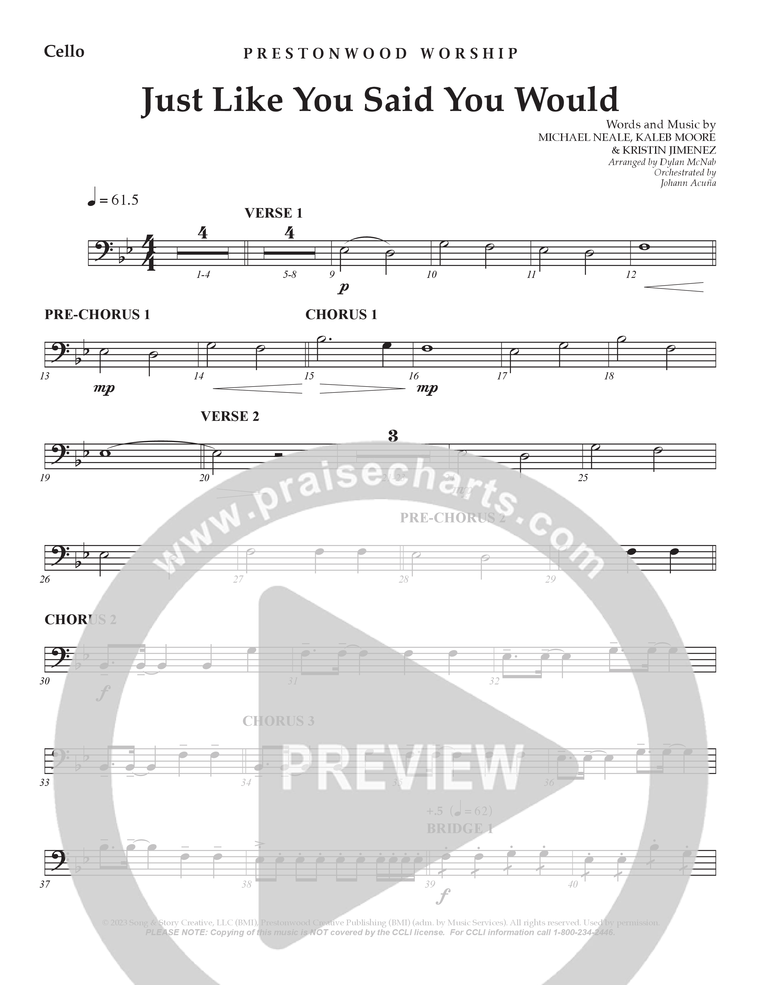 Just Like You Said You Would Cello (Prestonwood Worship / Arr. Dylan McNab / Orch. Johann Acuna)