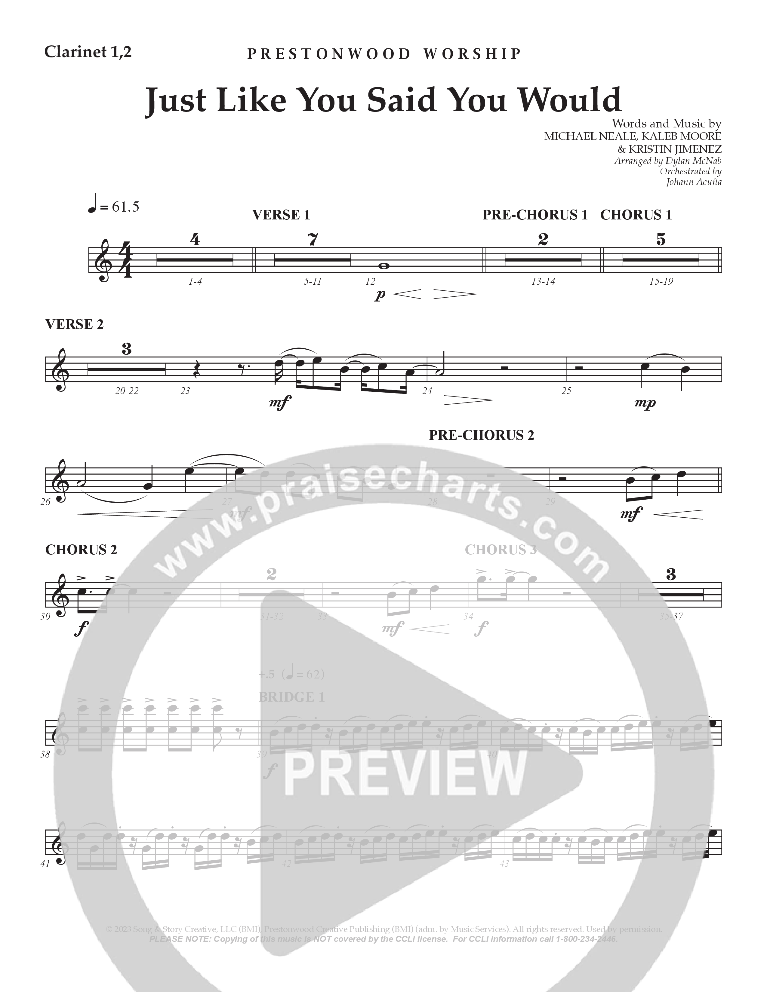 Just Like You Said You Would Clarinet 1/2 (Prestonwood Worship / Arr. Dylan McNab / Orch. Johann Acuna)