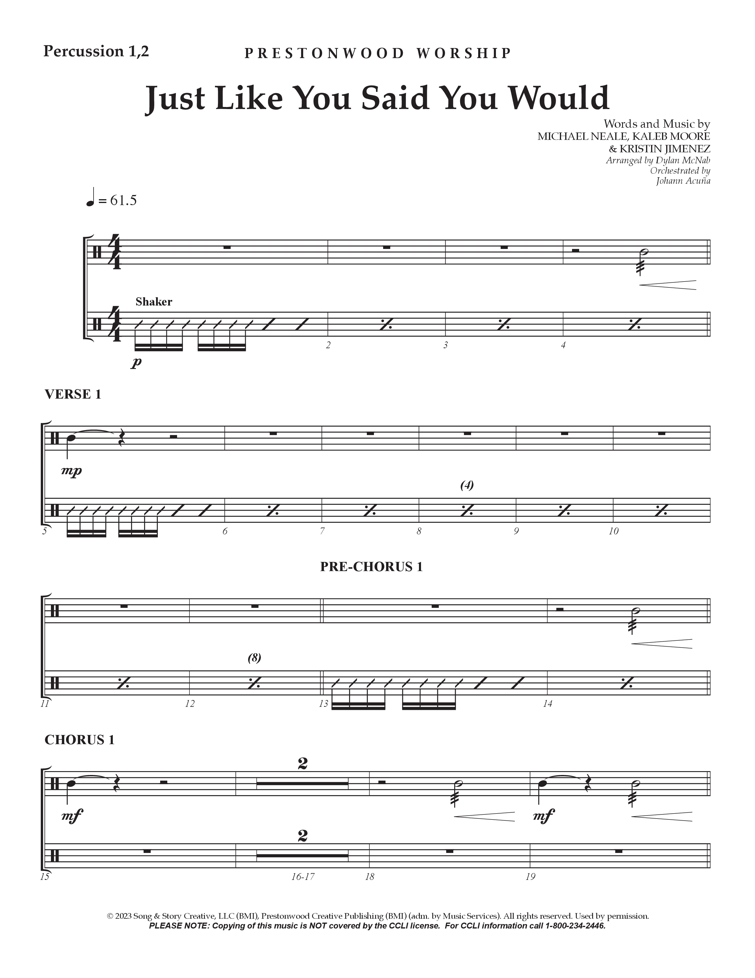 Just Like You Said You Would Percussion 1/2 (Prestonwood Worship / Arr. Dylan McNab / Orch. Johann Acuna)