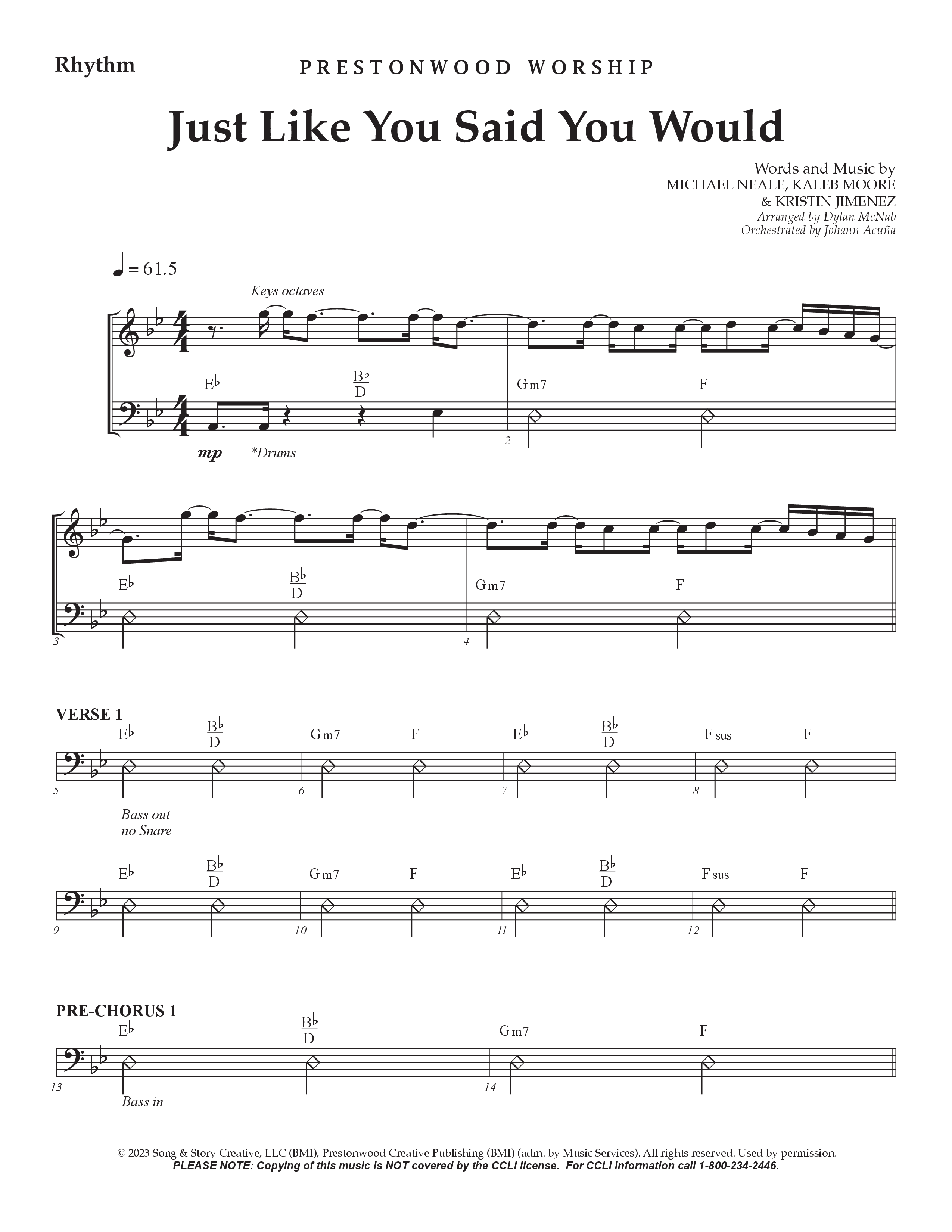 Just Like You Said You Would Rhythm Chart (Prestonwood Worship / Arr. Dylan McNab / Orch. Johann Acuna)