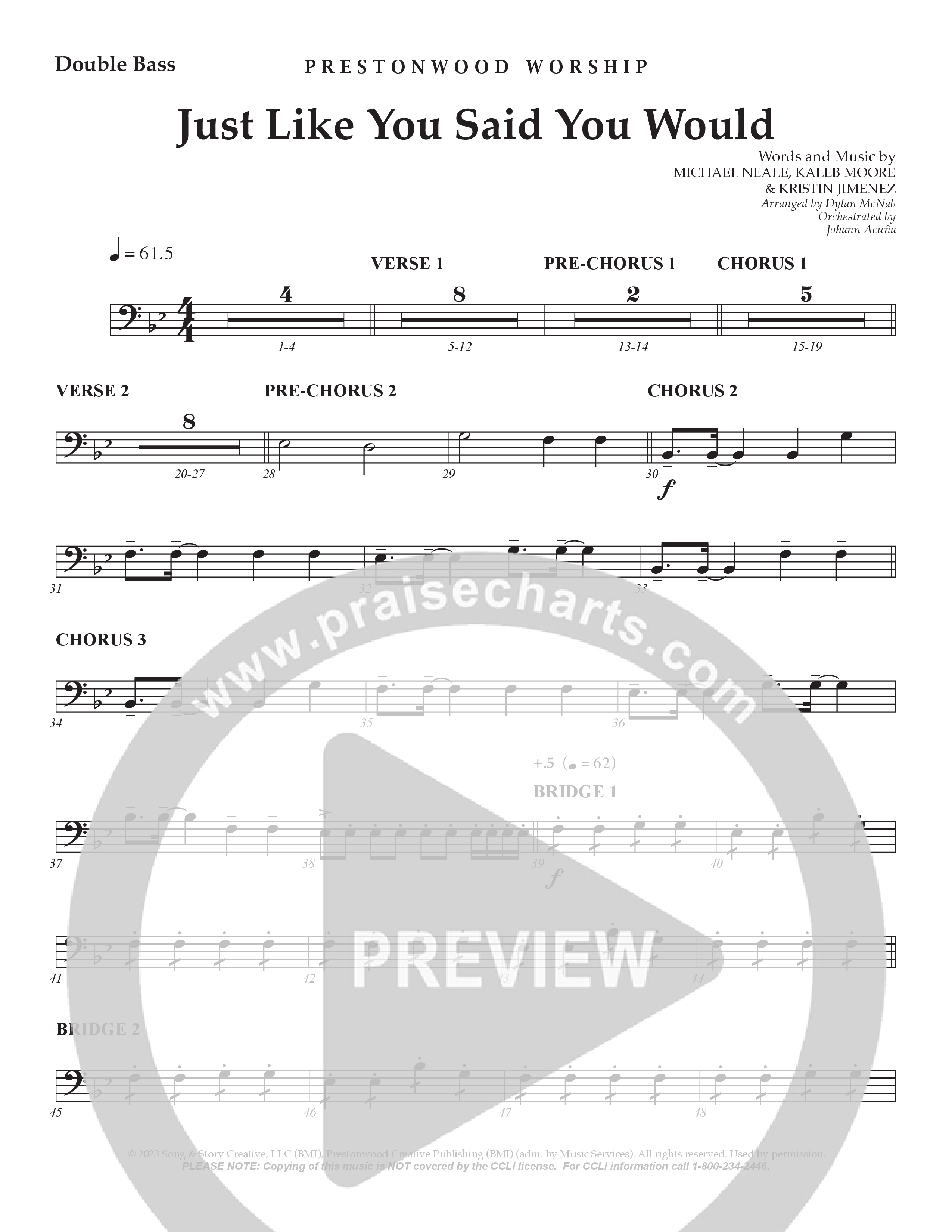 Just Like You Said You Would String Bass (Prestonwood Worship / Arr. Dylan McNab / Orch. Johann Acuna)
