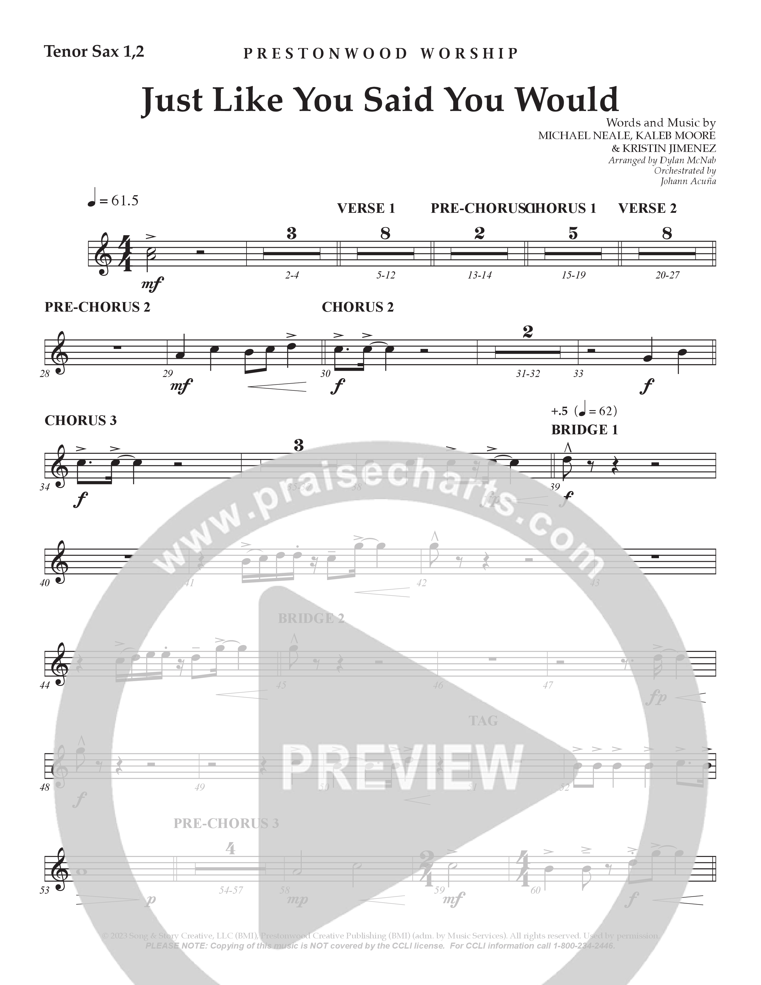 Just Like You Said You Would Tenor Sax 1/2 (Prestonwood Worship / Arr. Dylan McNab / Orch. Johann Acuna)