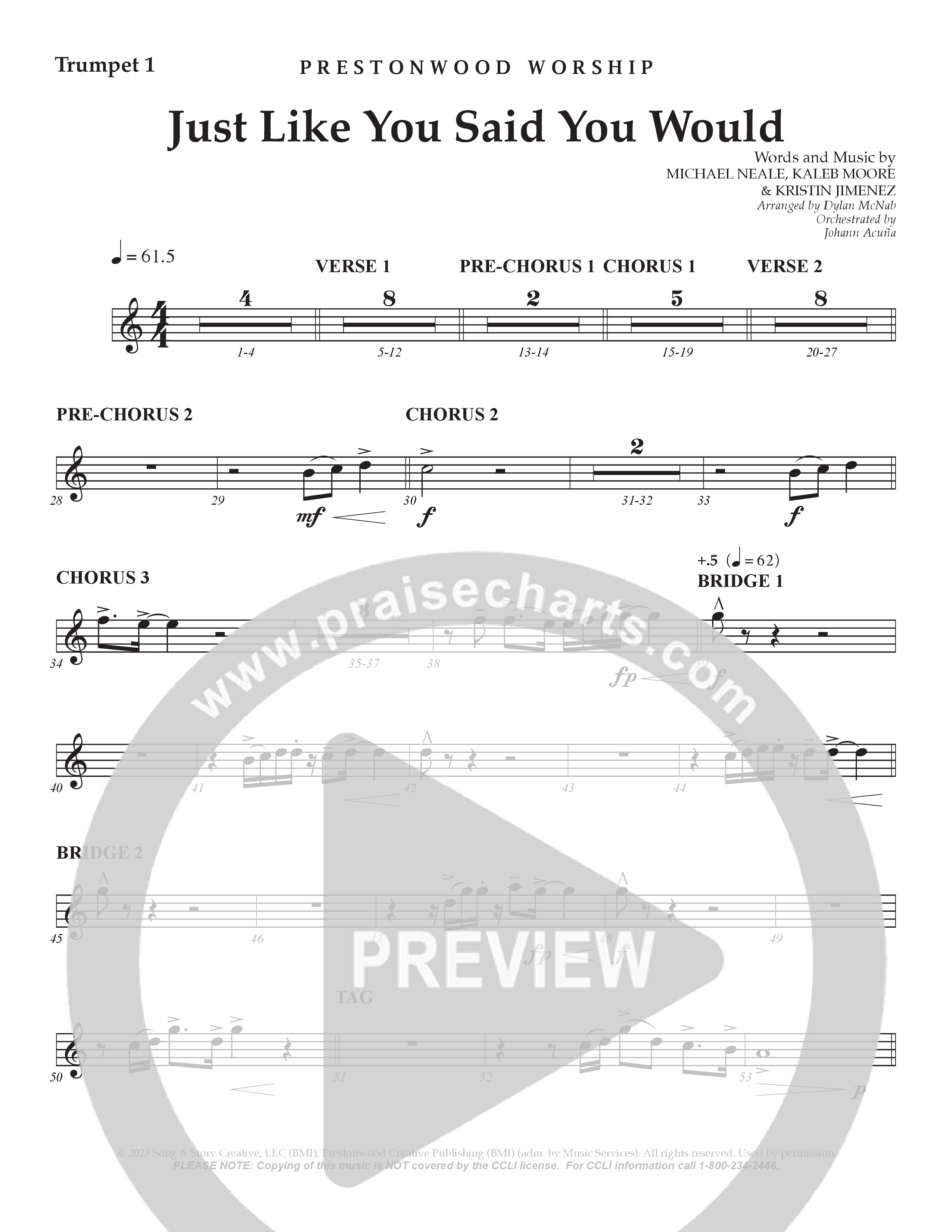 Just Like You Said You Would Trumpet 1 (Prestonwood Worship / Arr. Dylan McNab / Orch. Johann Acuna)