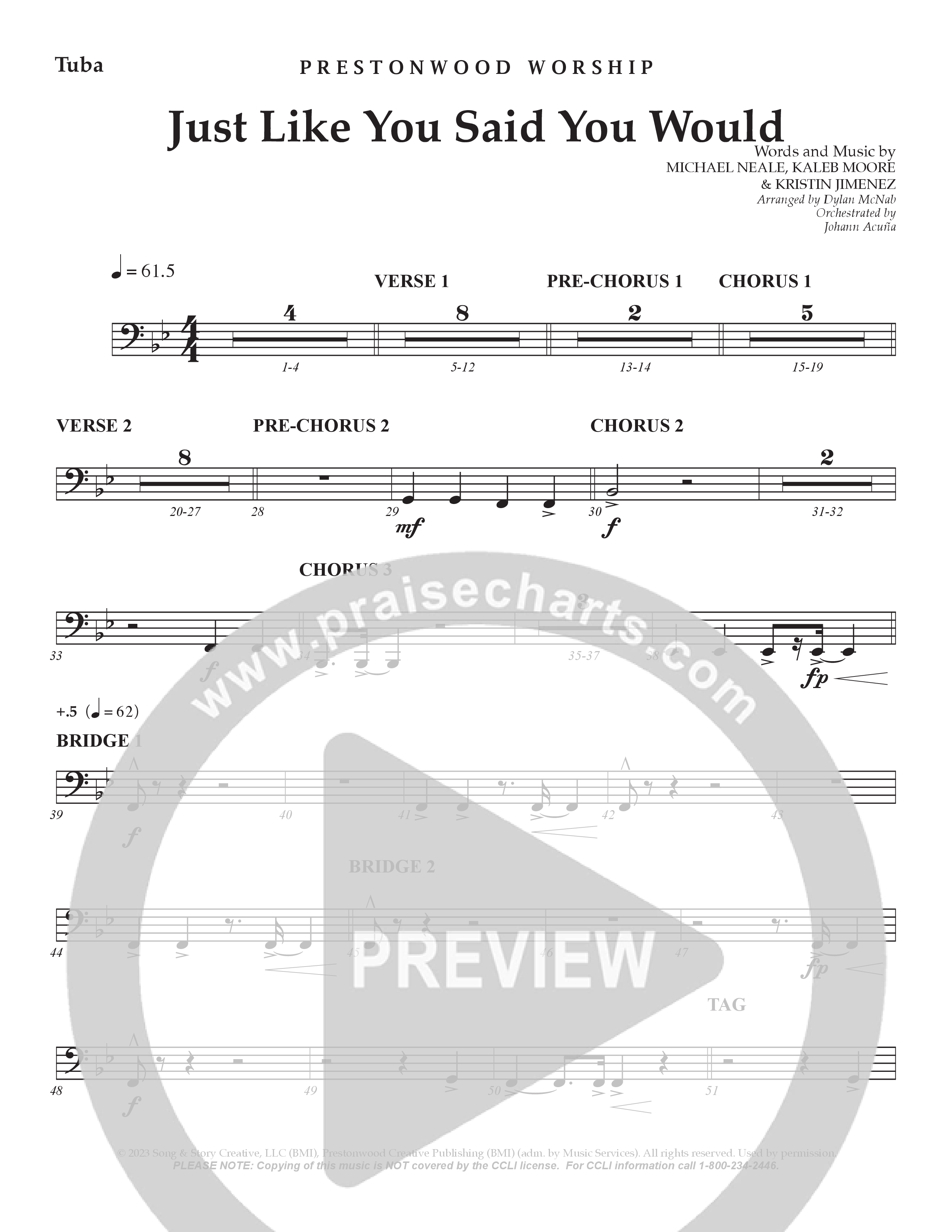 Just Like You Said You Would Tuba (Prestonwood Worship / Arr. Dylan McNab / Orch. Johann Acuna)