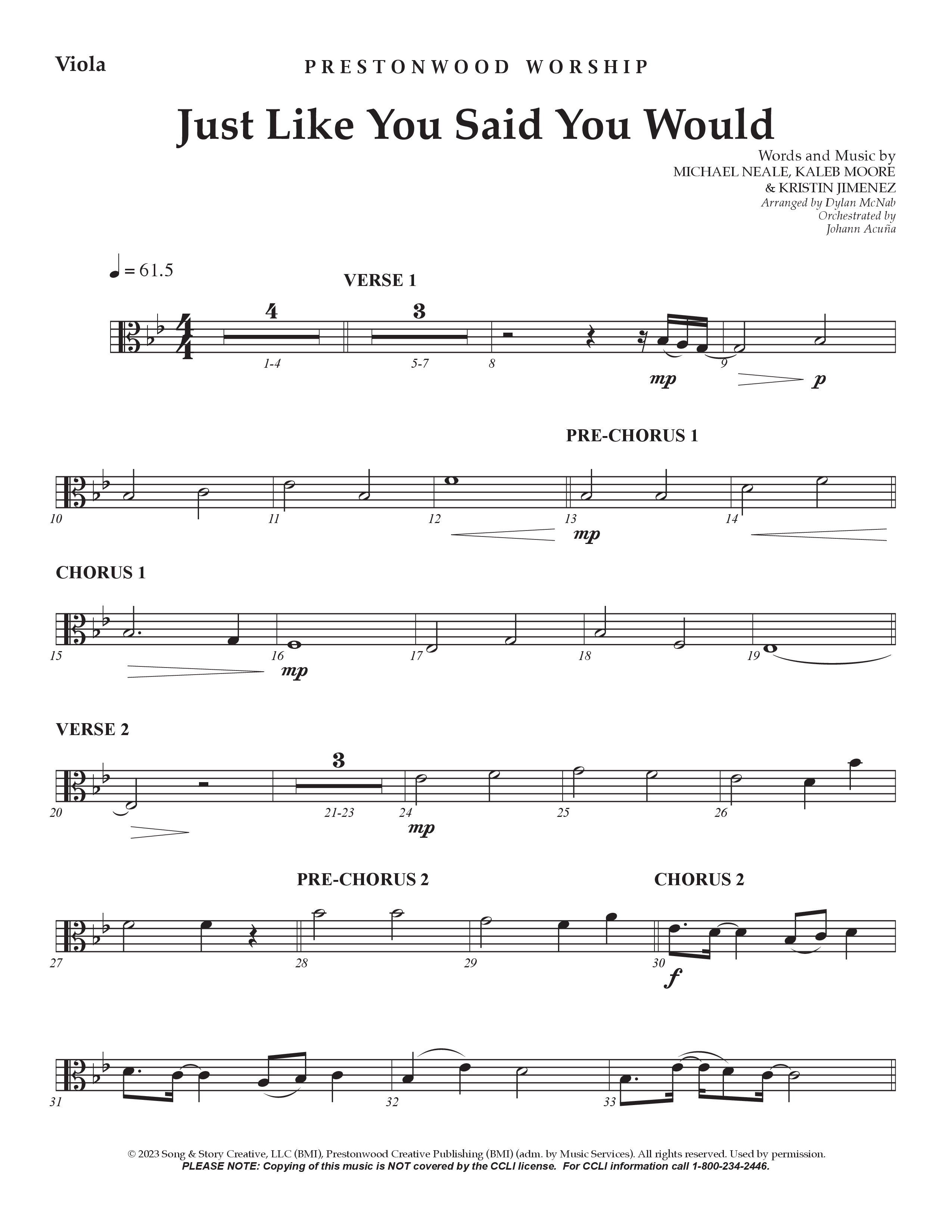 Just Like You Said You Would Viola (Prestonwood Worship / Arr. Dylan McNab / Orch. Johann Acuna)