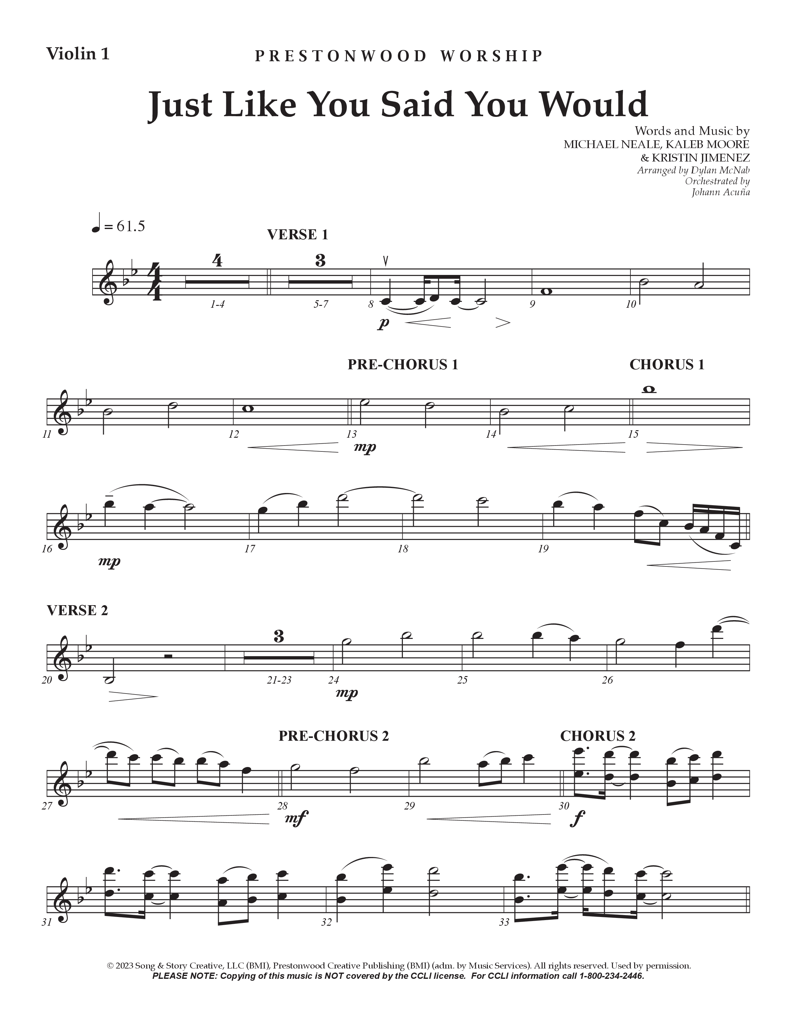 Just Like You Said You Would Violin 1 (Prestonwood Worship / Arr. Dylan McNab / Orch. Johann Acuna)