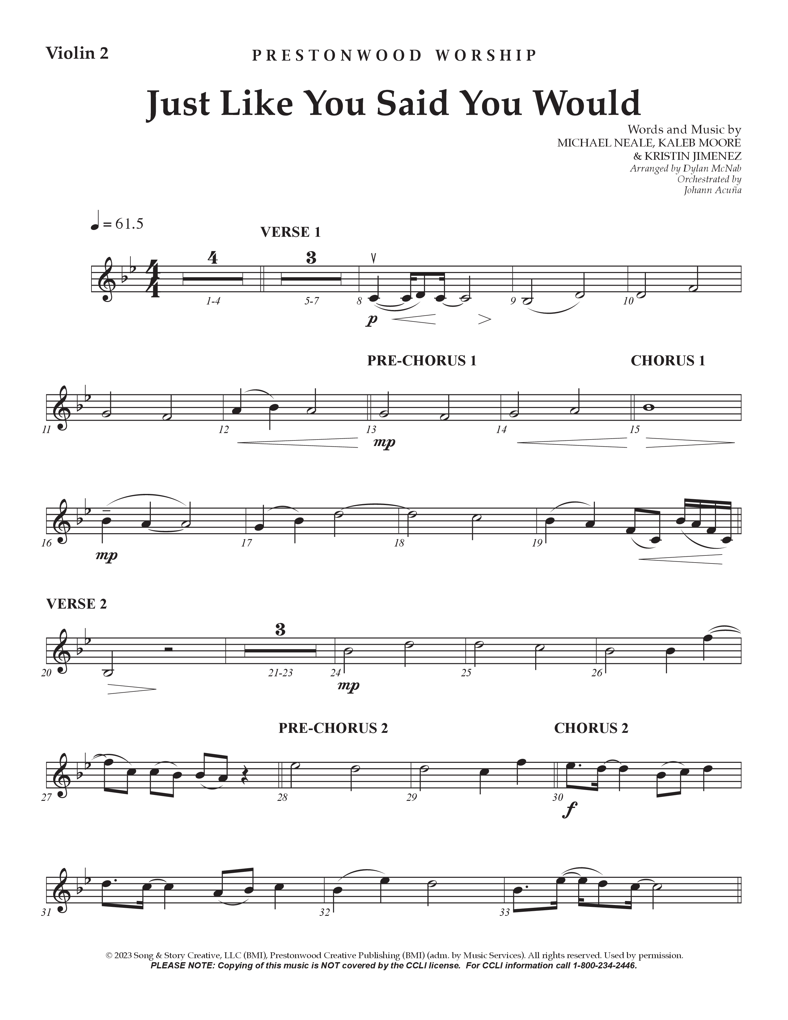 Just Like You Said You Would Violin 2 (Prestonwood Worship / Arr. Dylan McNab / Orch. Johann Acuna)