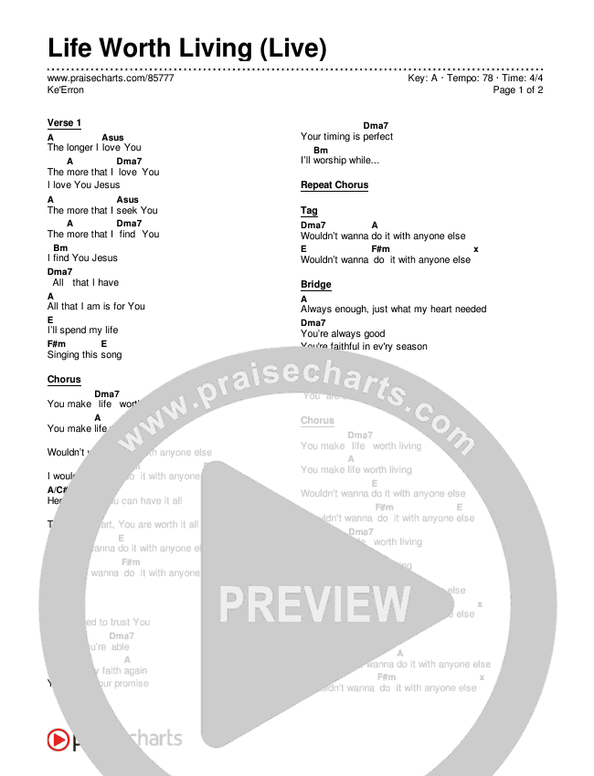 Life Worth Living (Live) Chord Chart (Ke'Erron)