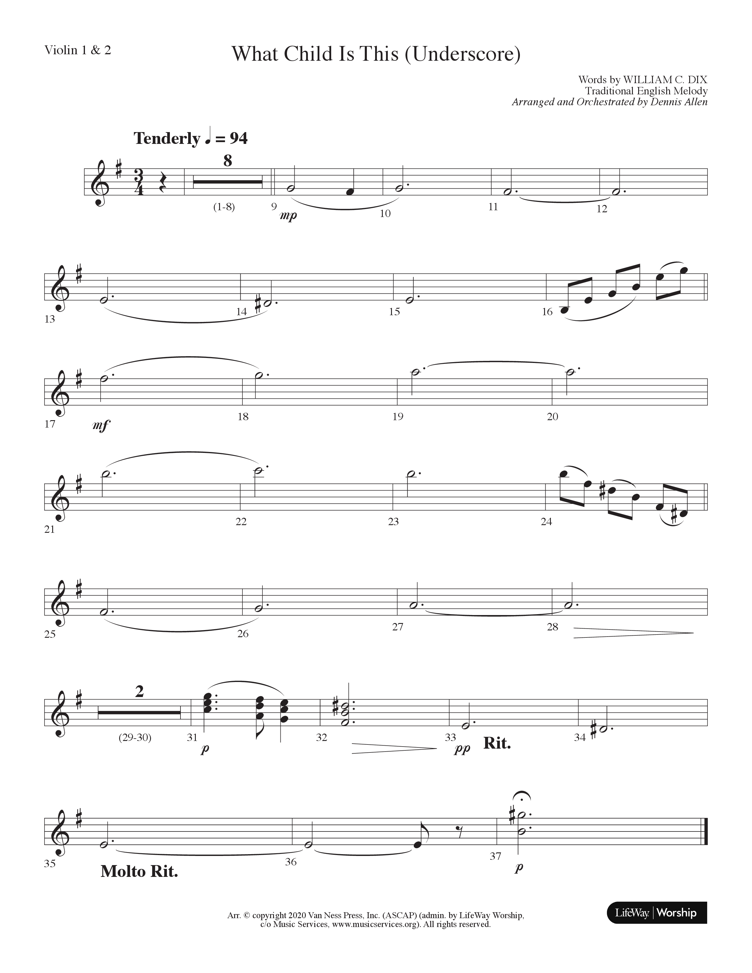 What Child Is This (Underscore) (Instrumental) Violin 1/2 (Lifeway Choral / Arr. Dennis Allen)