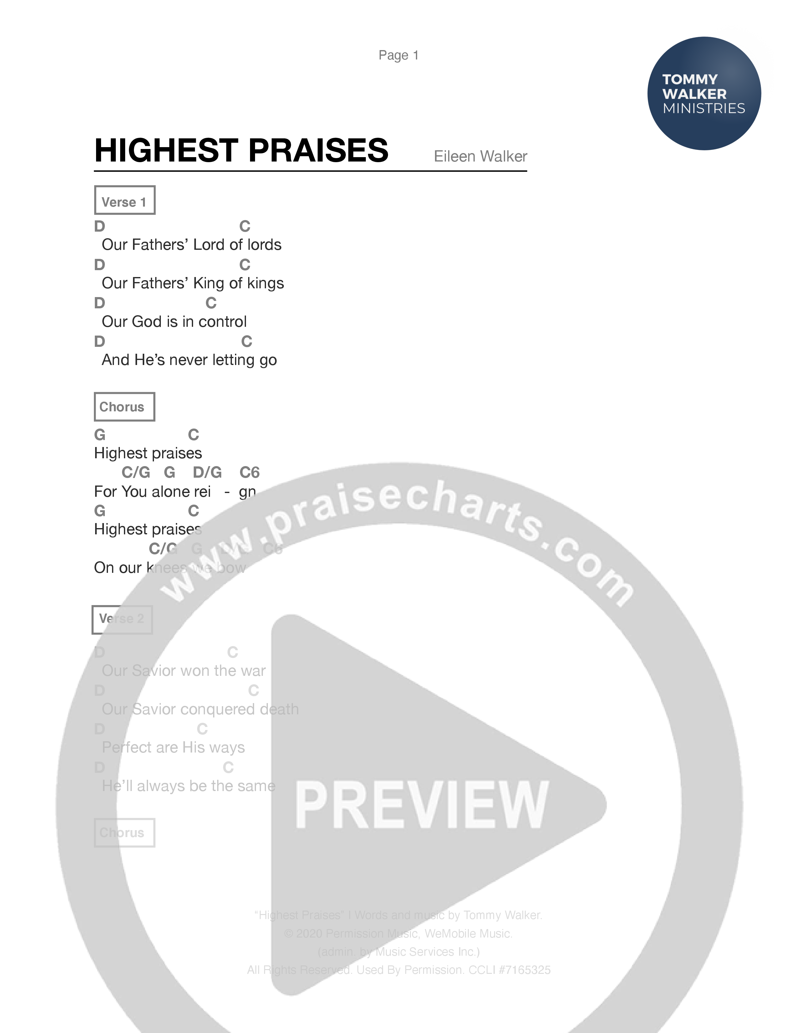 Highest Praises Chord Chart (Tommy Walker)
