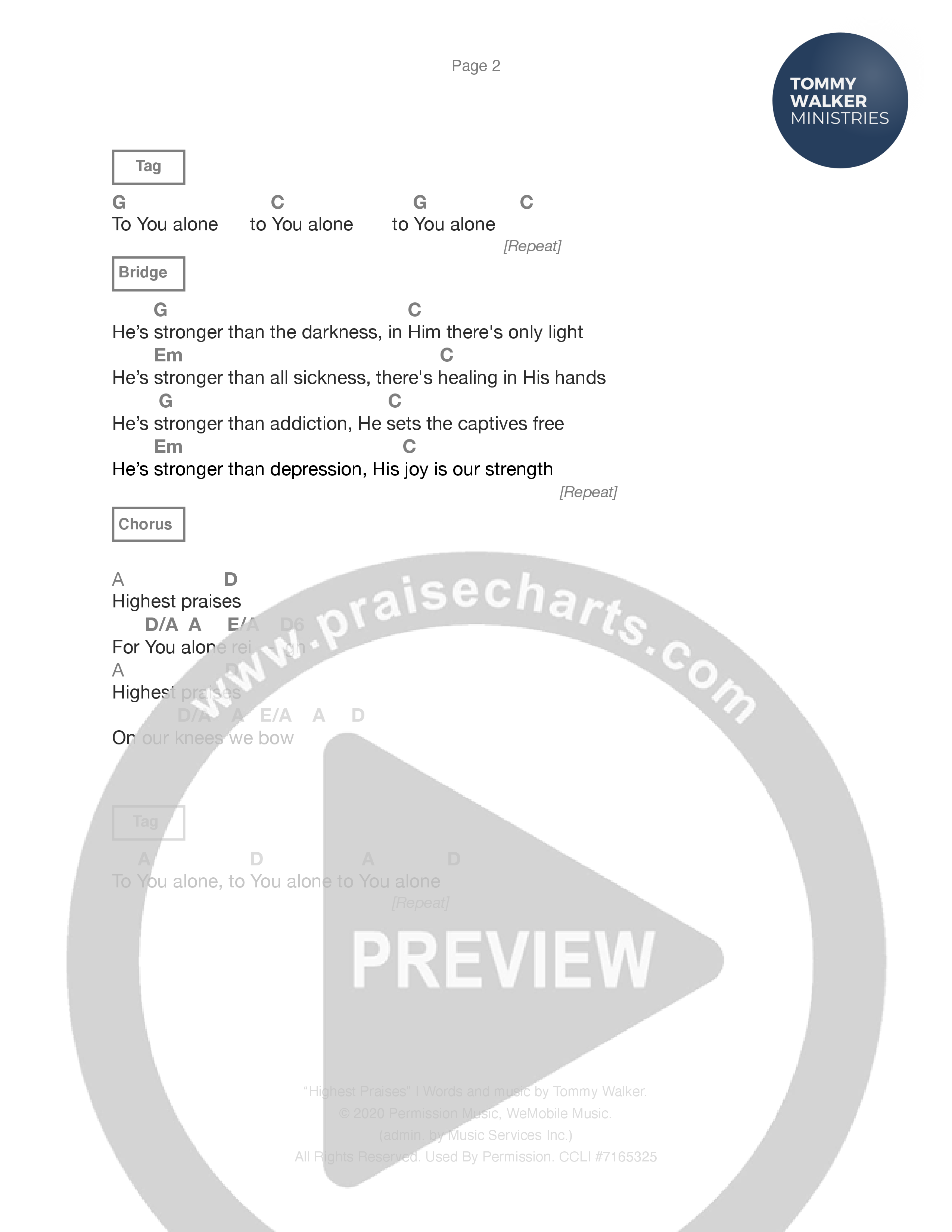 Highest Praises Chord Chart (Tommy Walker)