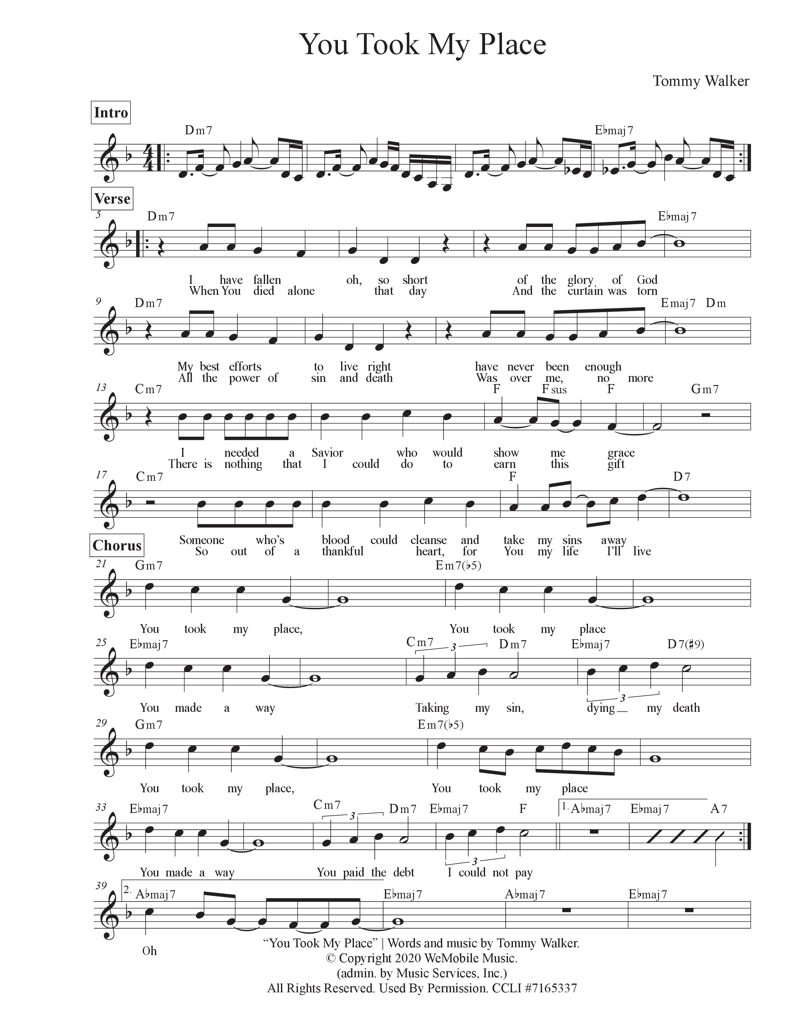 You Took My Place Lead Sheet Melody (Tommy Walker)