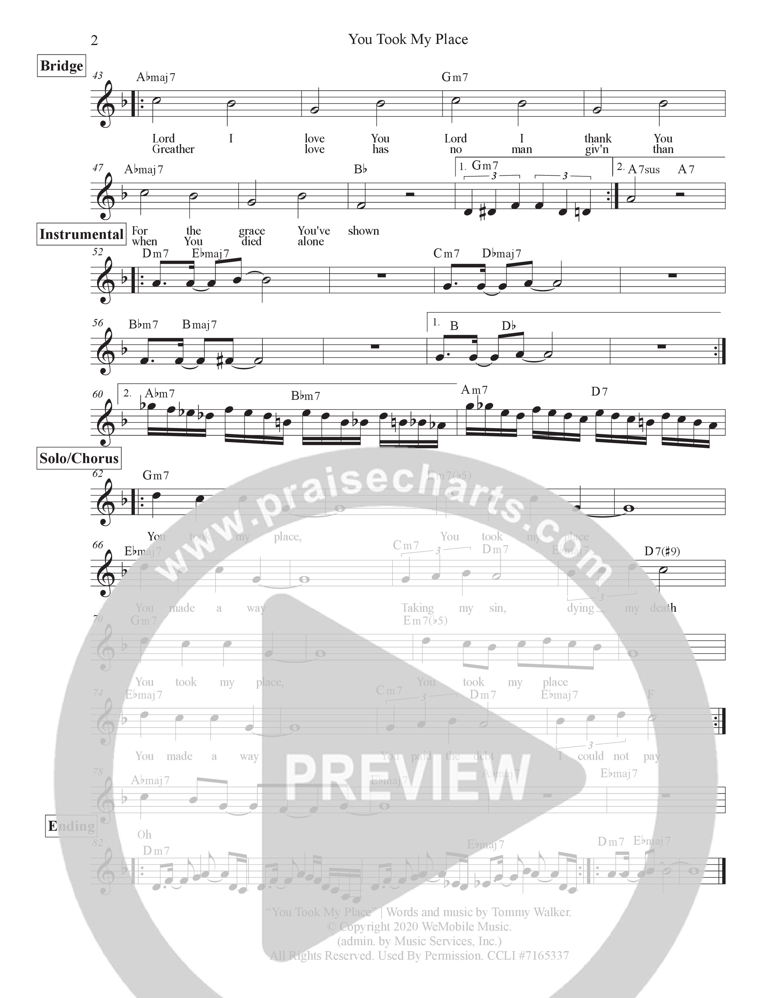 You Took My Place Lead Sheet Melody (Tommy Walker)