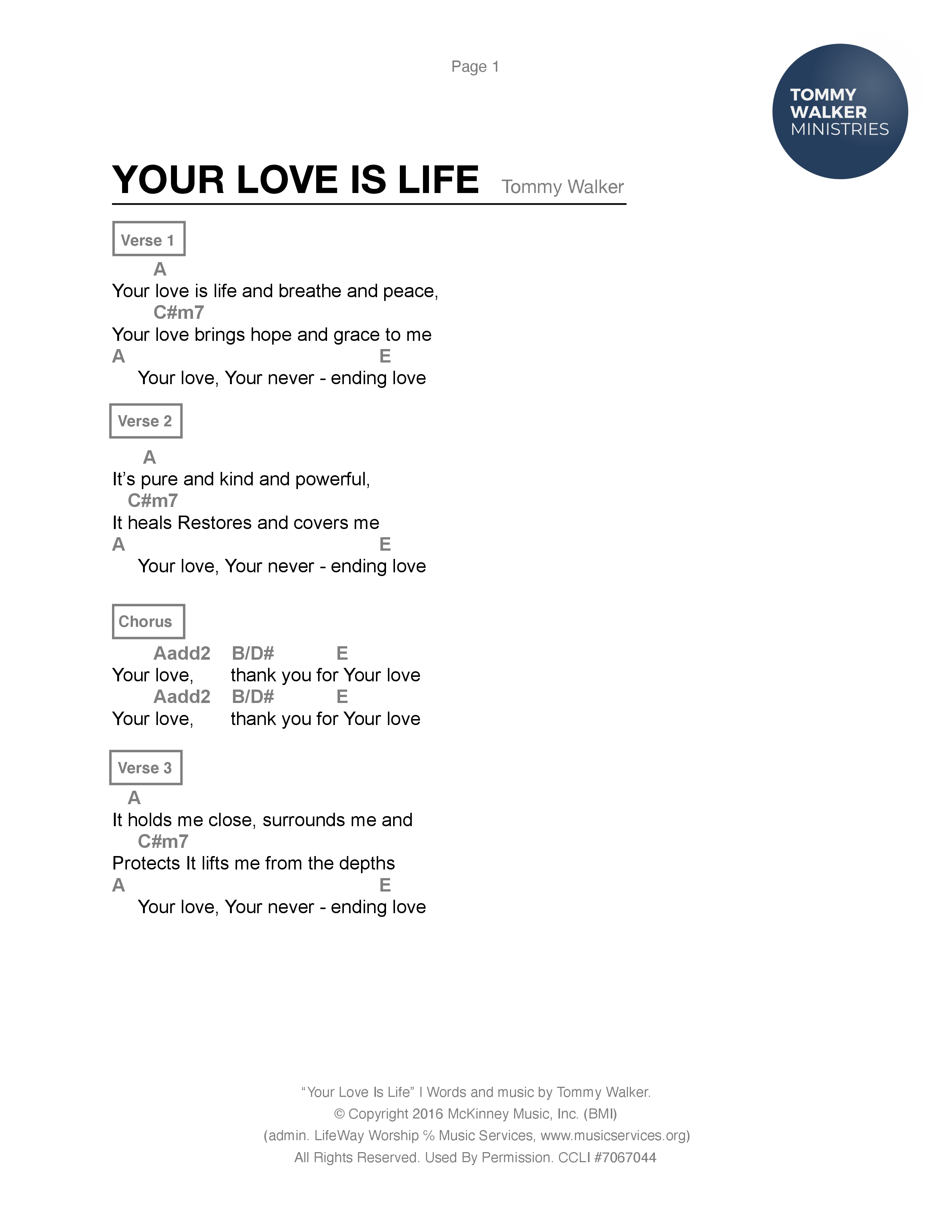 Your Love Is Life Chord Chart (Tommy Walker)