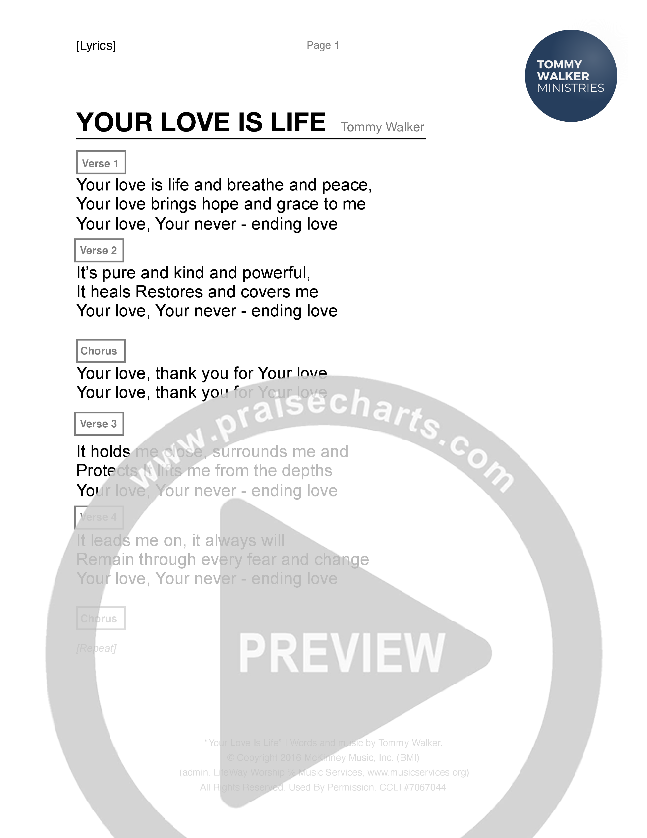 Your Love Is Life Chord Chart (Tommy Walker)