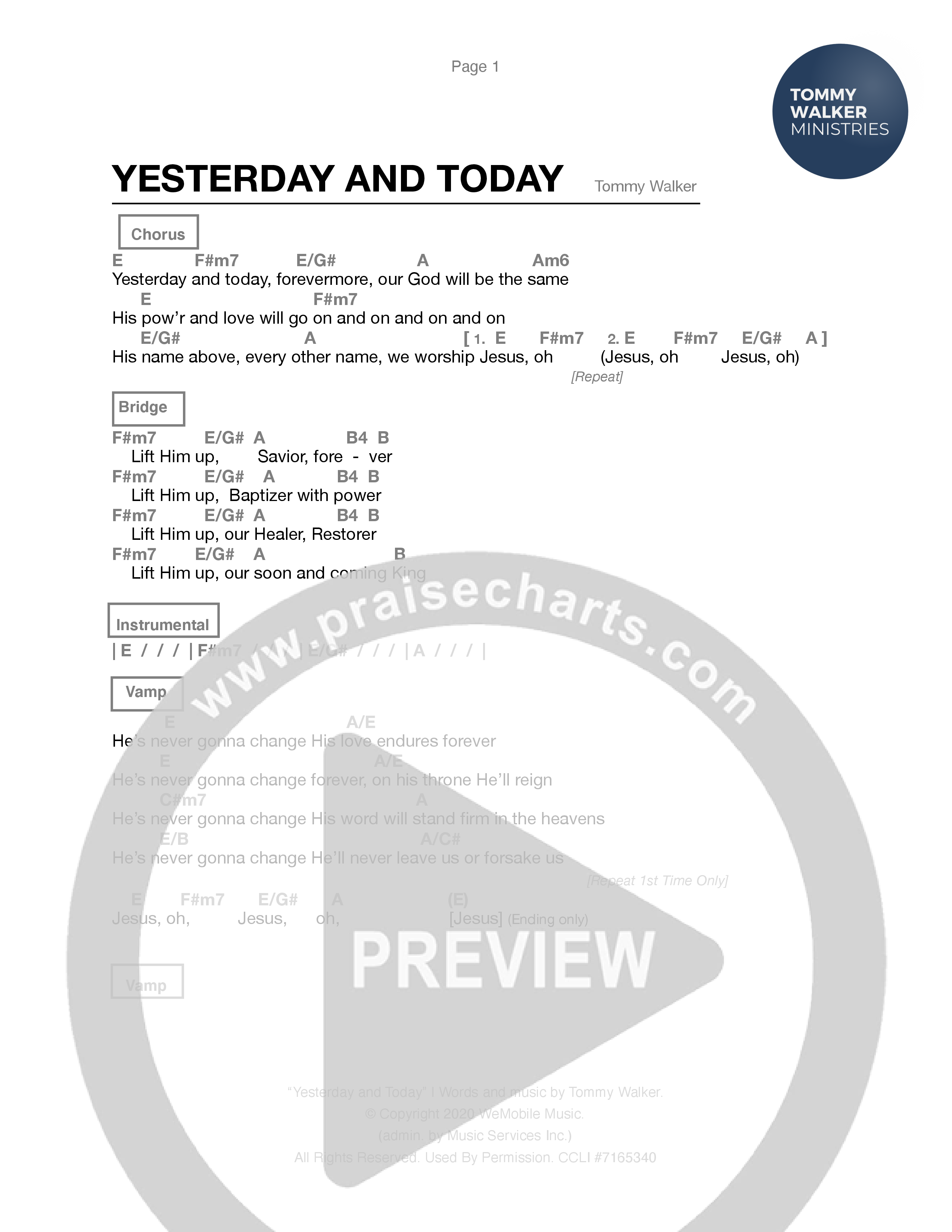 Yesterday & Today Chord Chart (Tommy Walker)