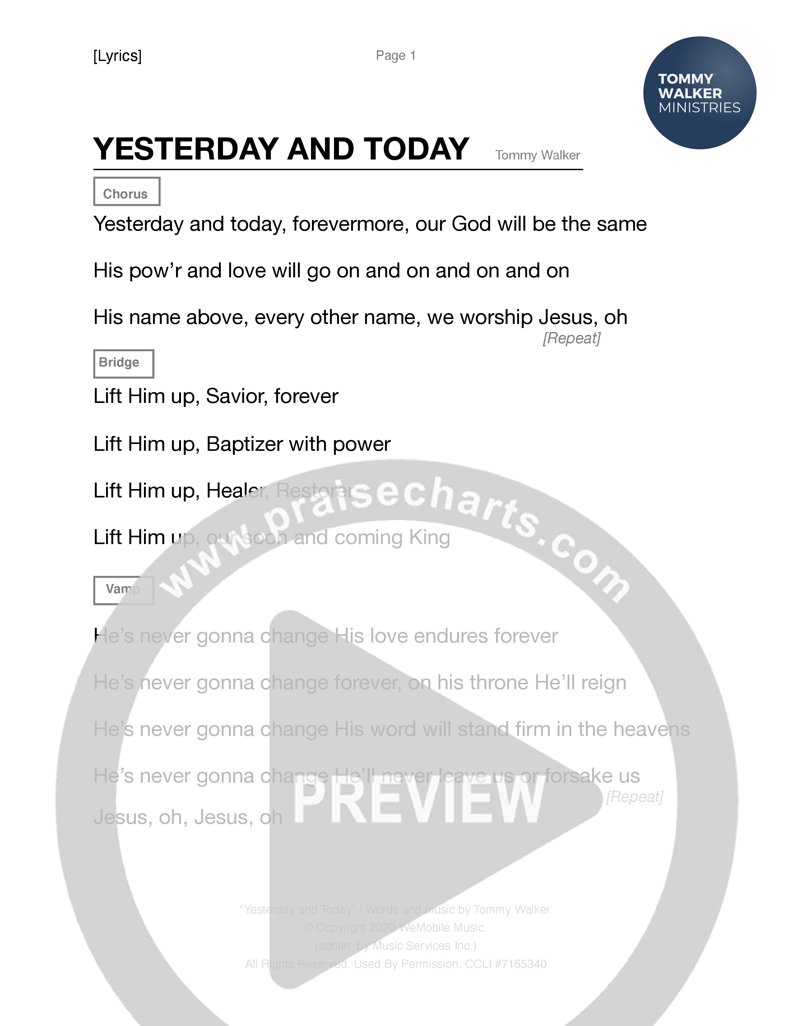 Yesterday & Today Chord Chart (Tommy Walker)