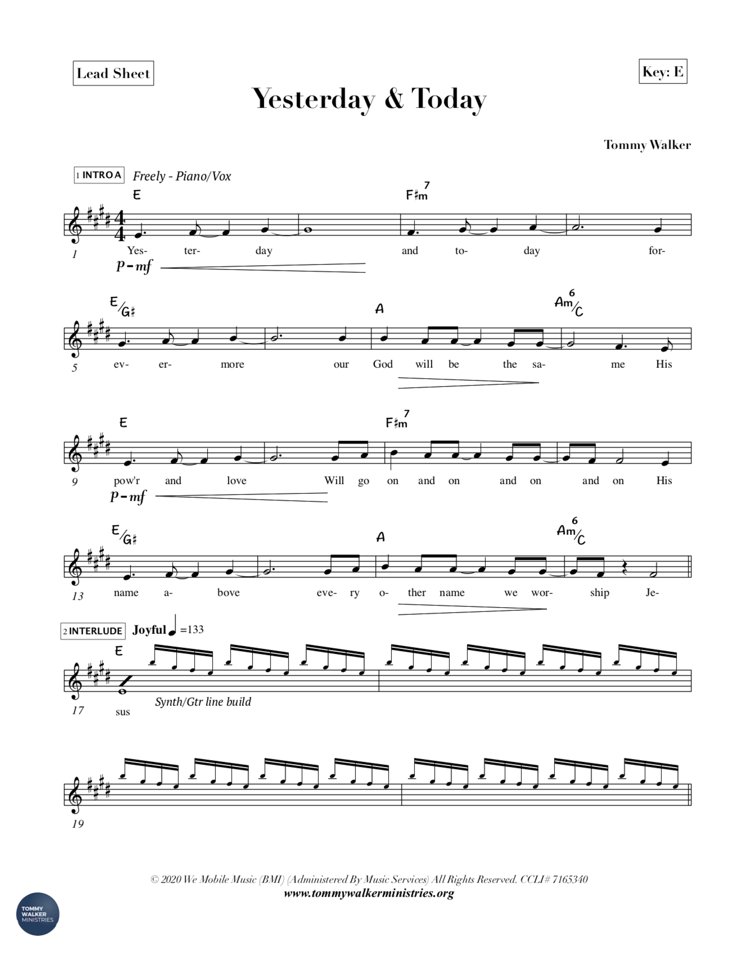 Yesterday & Today Lead Sheet Melody (Tommy Walker)