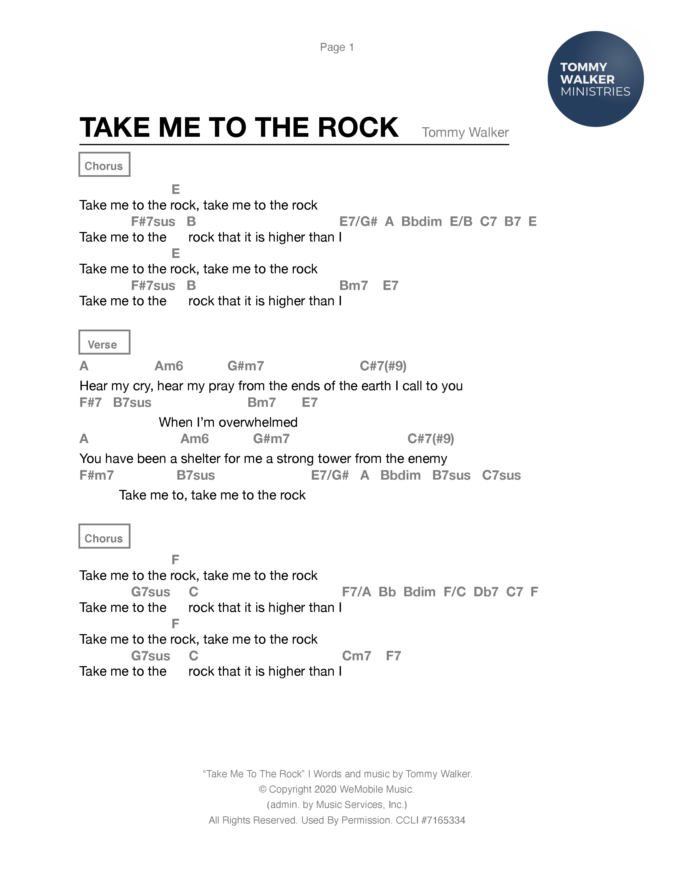 Take Me To The Rock Chord Chart (Tommy Walker)
