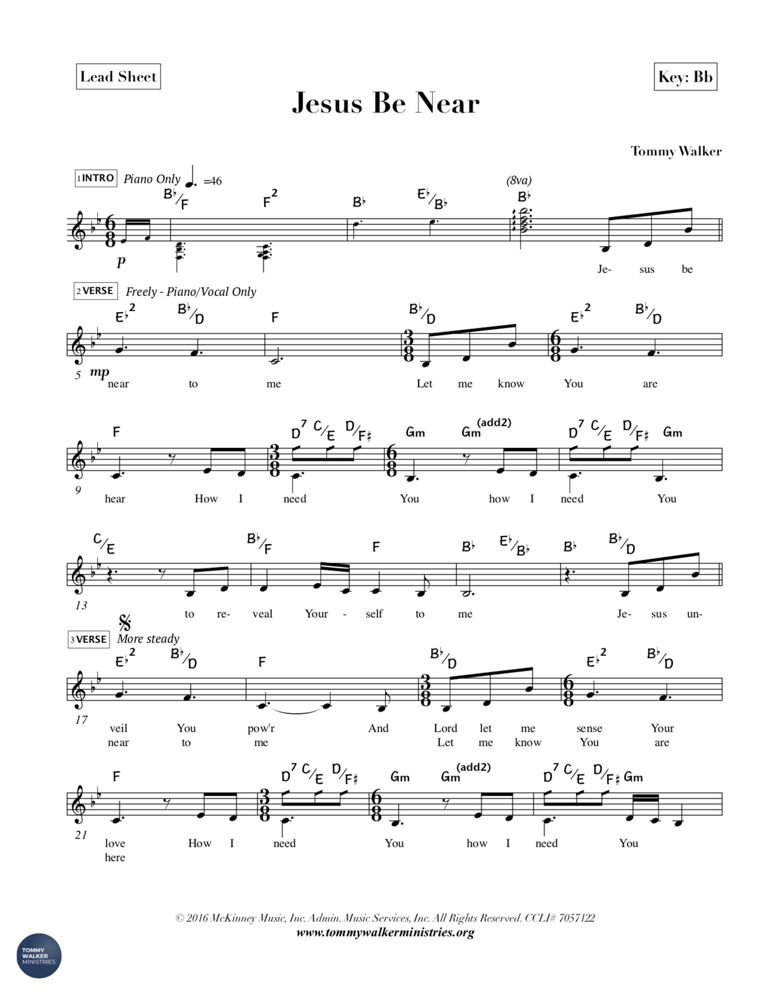 Jesus Be Near To Me Lead Sheet Melody (Tommy Walker)