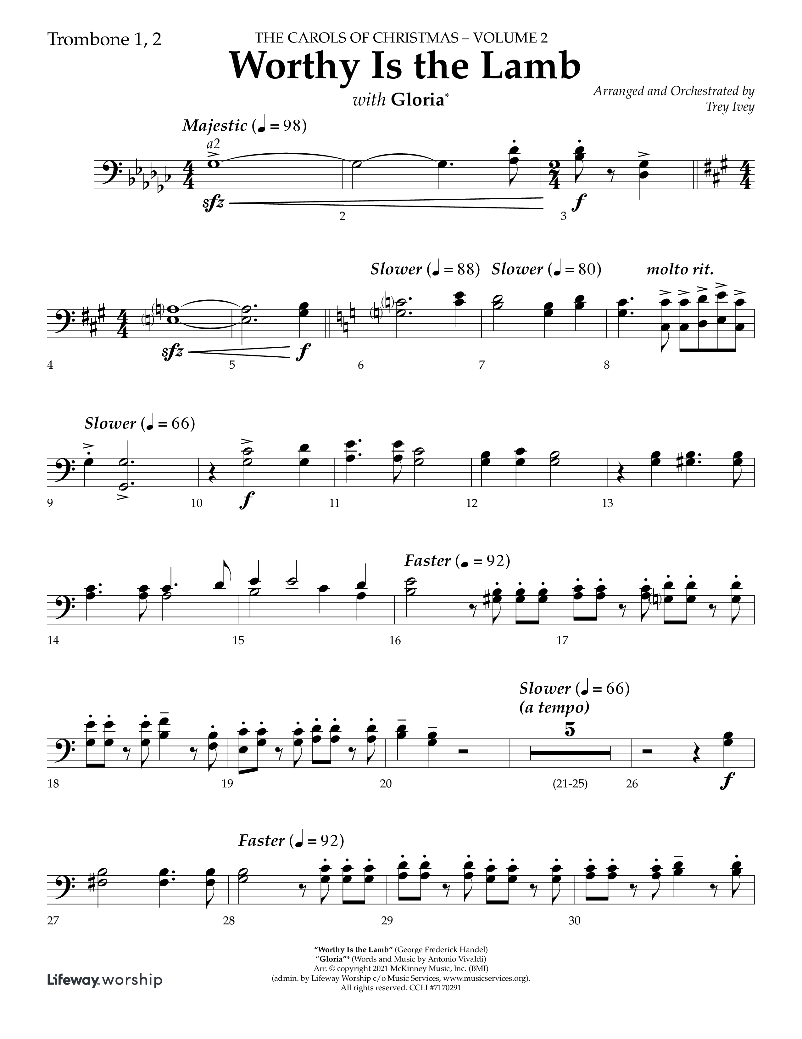 Worthy Is The Lamb (with Gloria) (Choral Anthem SATB) Trombone 1/2 (Lifeway Choral / Arr. Trey Ivey)