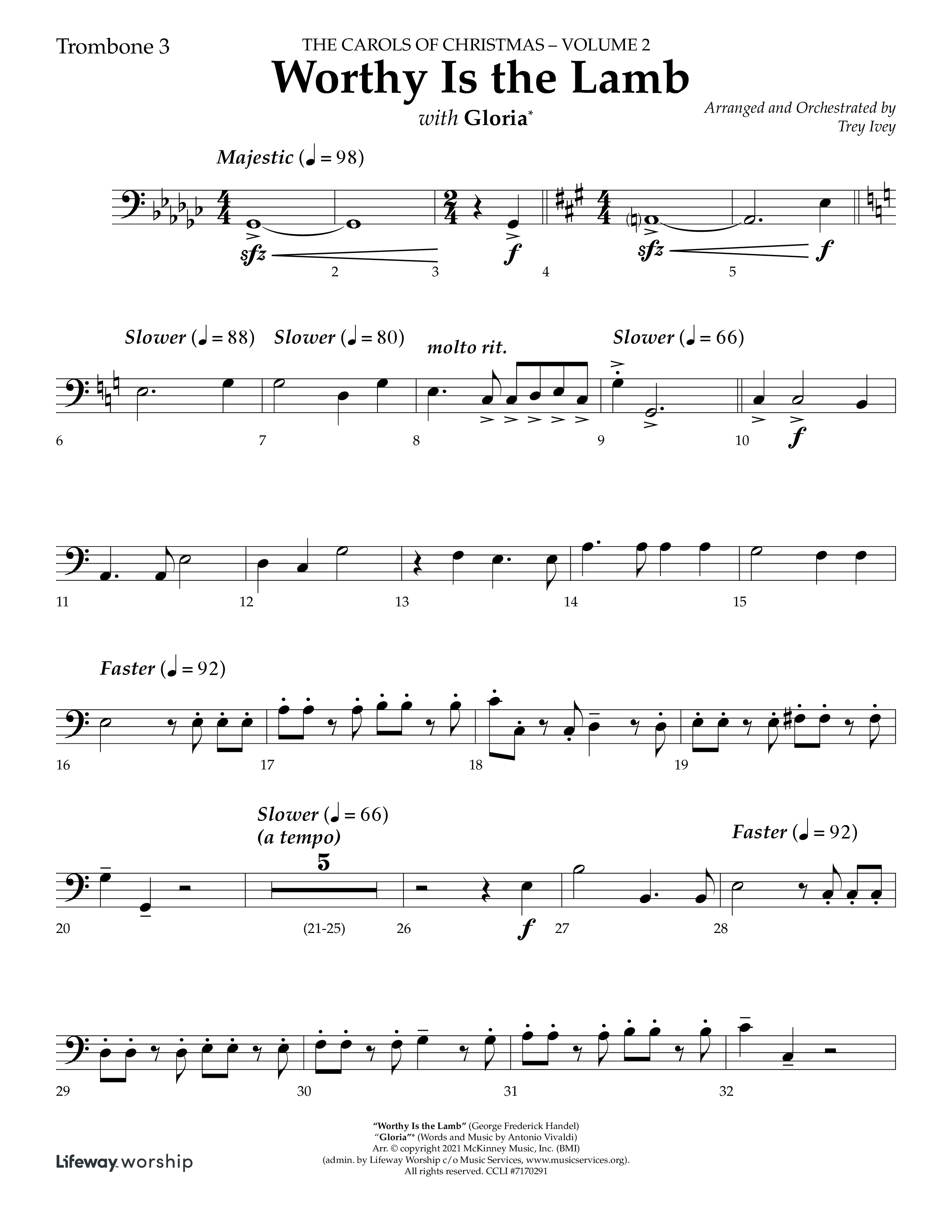 Worthy Is The Lamb (with Gloria) (Choral Anthem SATB) Trombone 3 (Lifeway Choral / Arr. Trey Ivey)