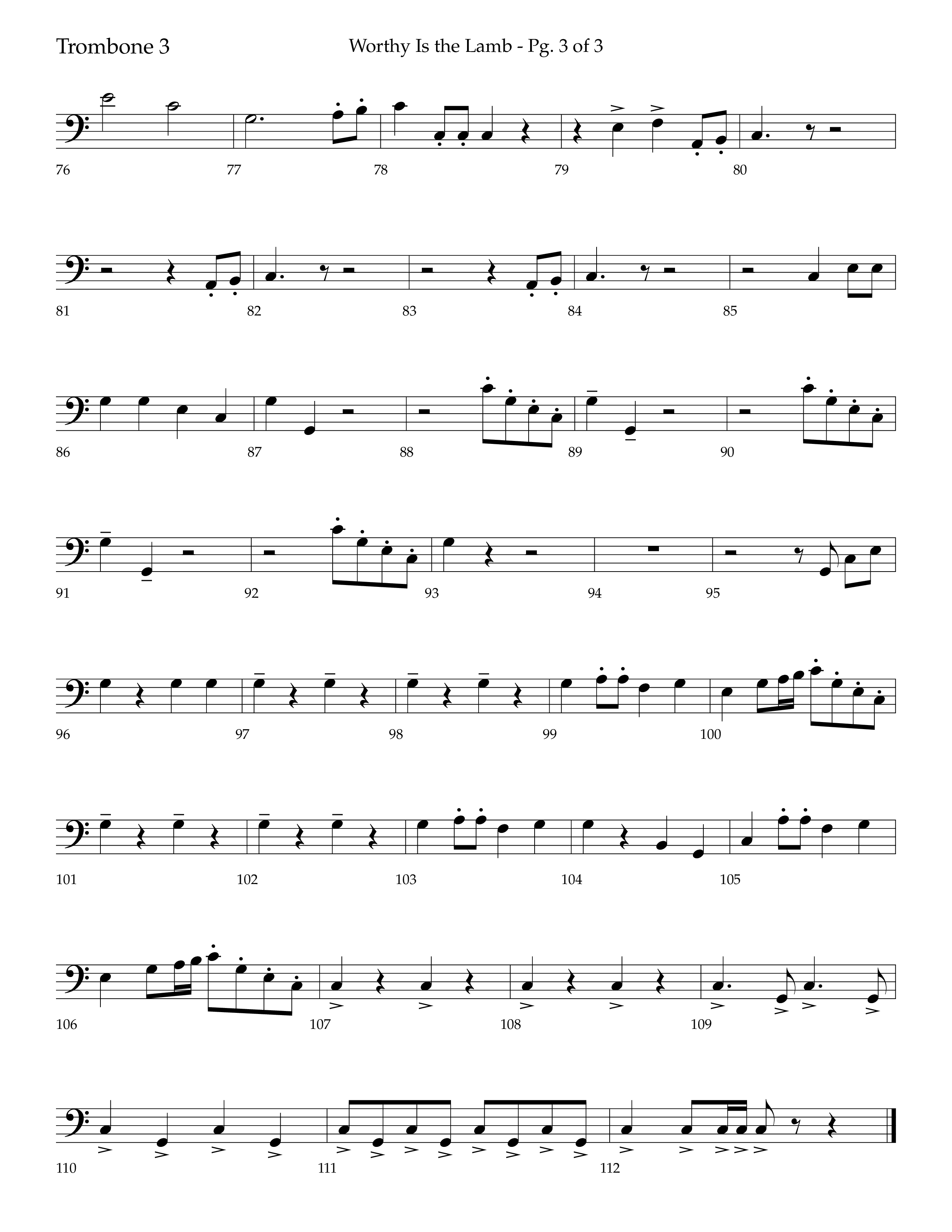 Worthy Is The Lamb (with Gloria) (Choral Anthem SATB) Trombone 3 (Lifeway Choral / Arr. Trey Ivey)